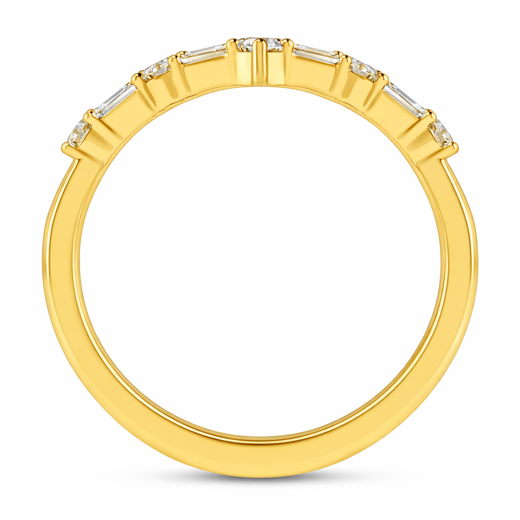 Gold ring with diamond accents on a white background