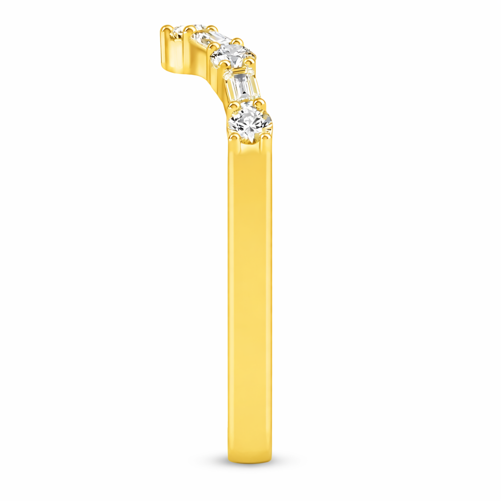 Gold earring with three clear gemstones on a white background