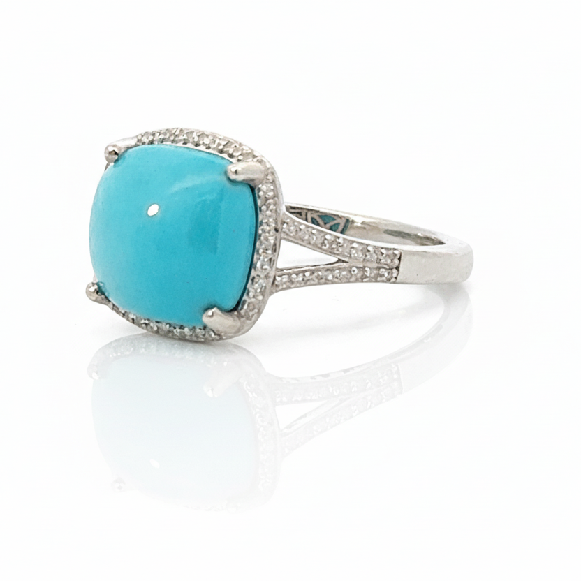 Ring with a turquoise stone and silver band on a white background