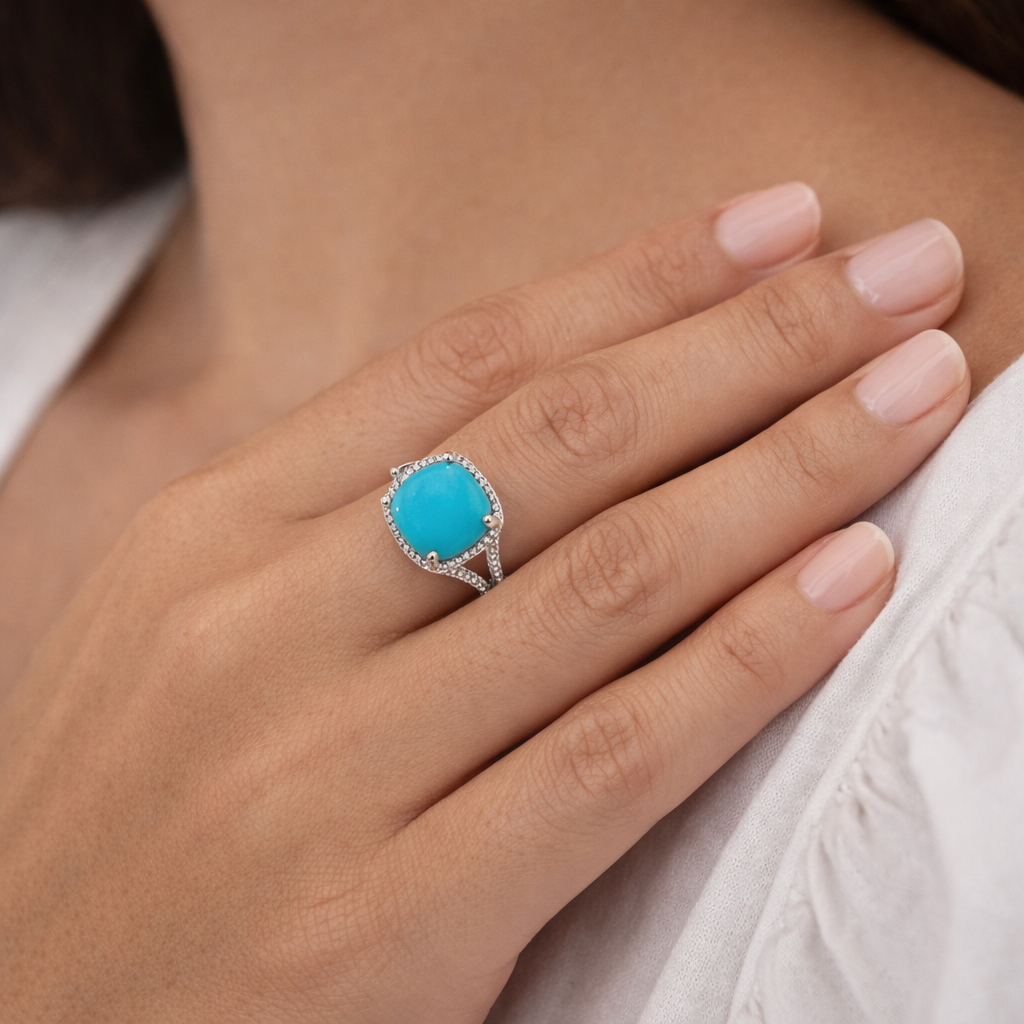 Turquoise ring on a person's finger with a neutral background