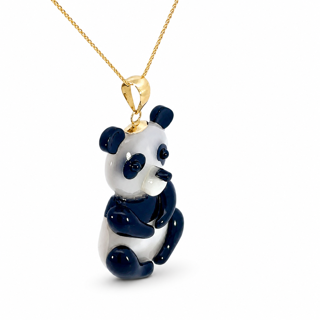 14K Yellow Gold Black Agate & Mother-of-Pearl 18" Panda Pendant