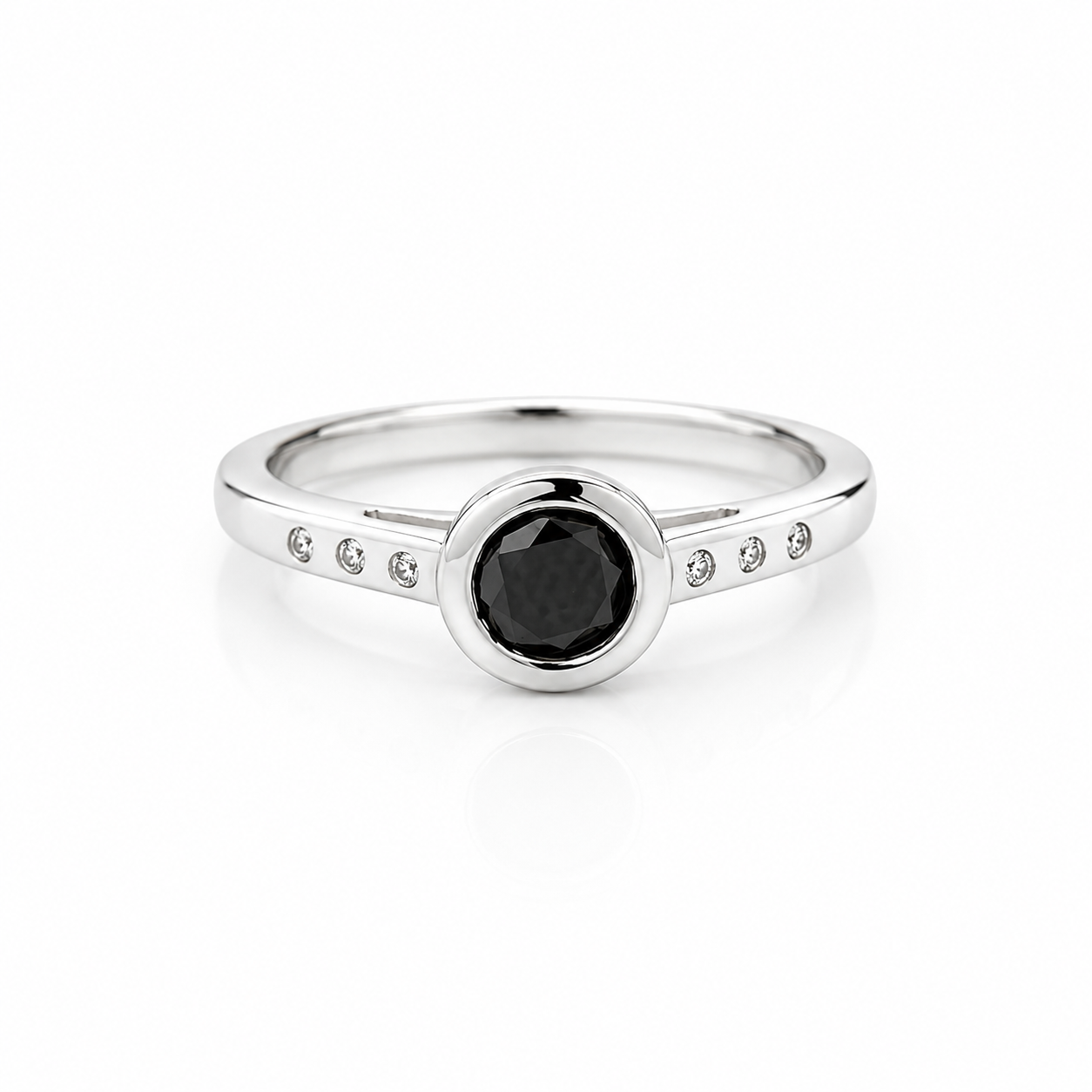 14K White Gold 0.70CT. Black Diamond and 0.03CTW. White Diamond Bezel-Set Ring