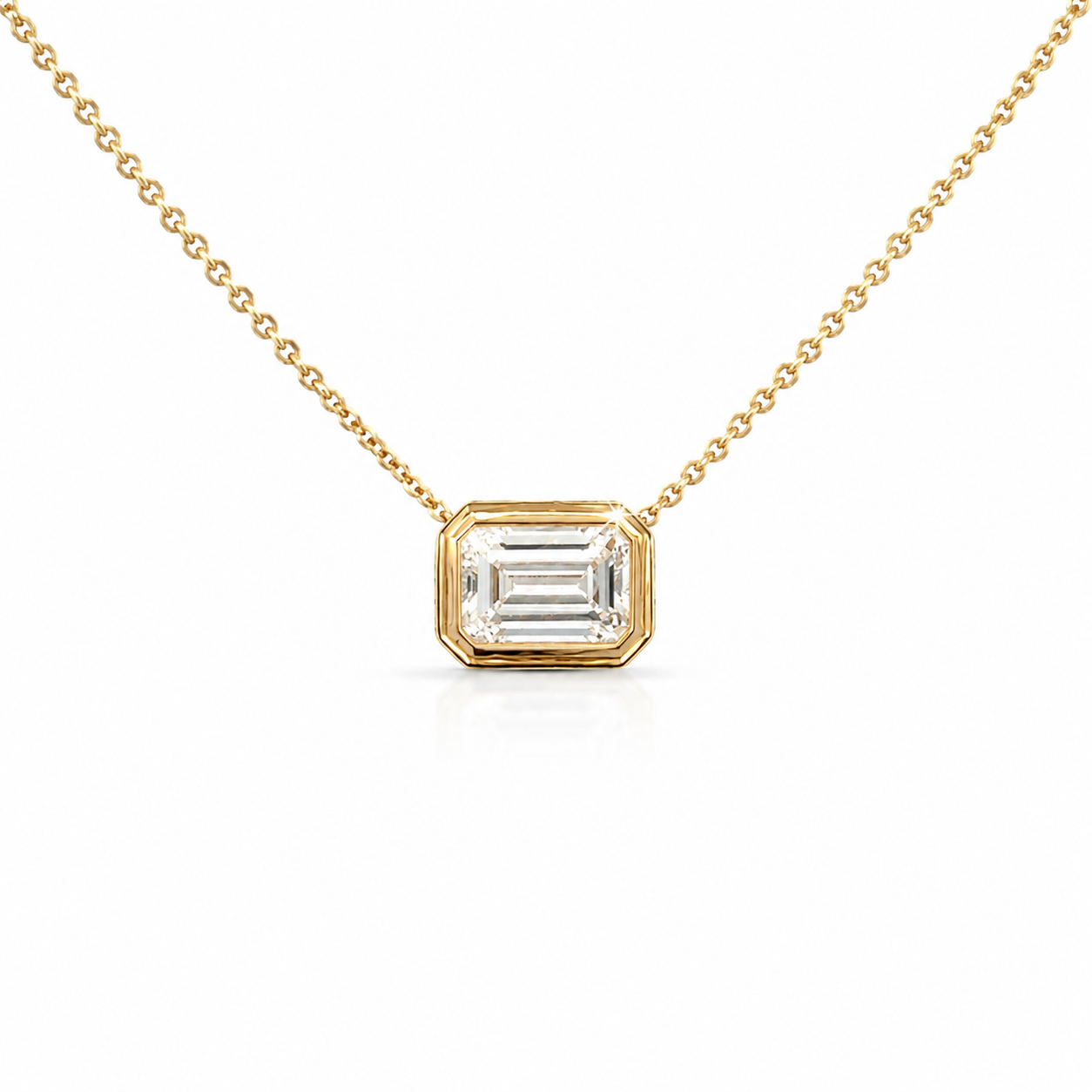 Emerald Cut Solitaire Diamond necklace on a white background 