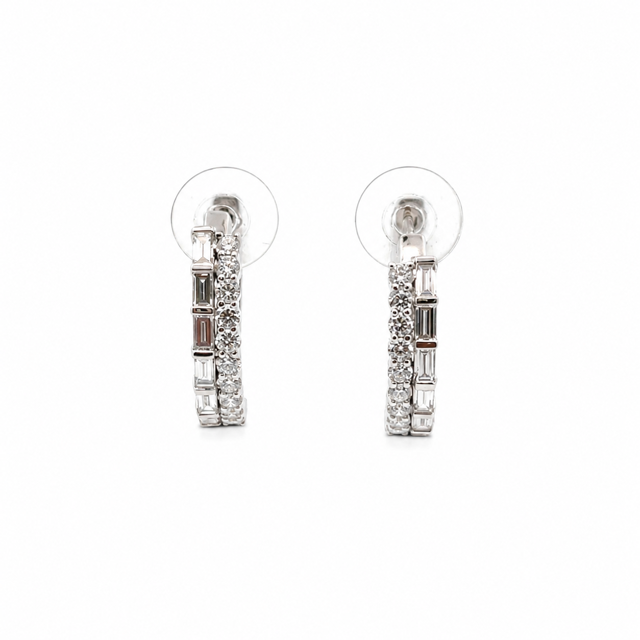 White gold diamond hoop earrings ona white background 