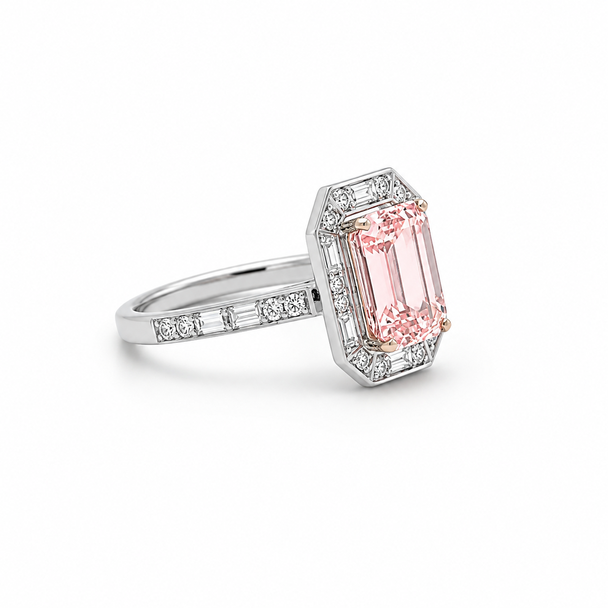 14K White Gold 3.70CTW. Lab-Grown Pink Diamond Emerald-Cut Halo Accented Engagement Ring