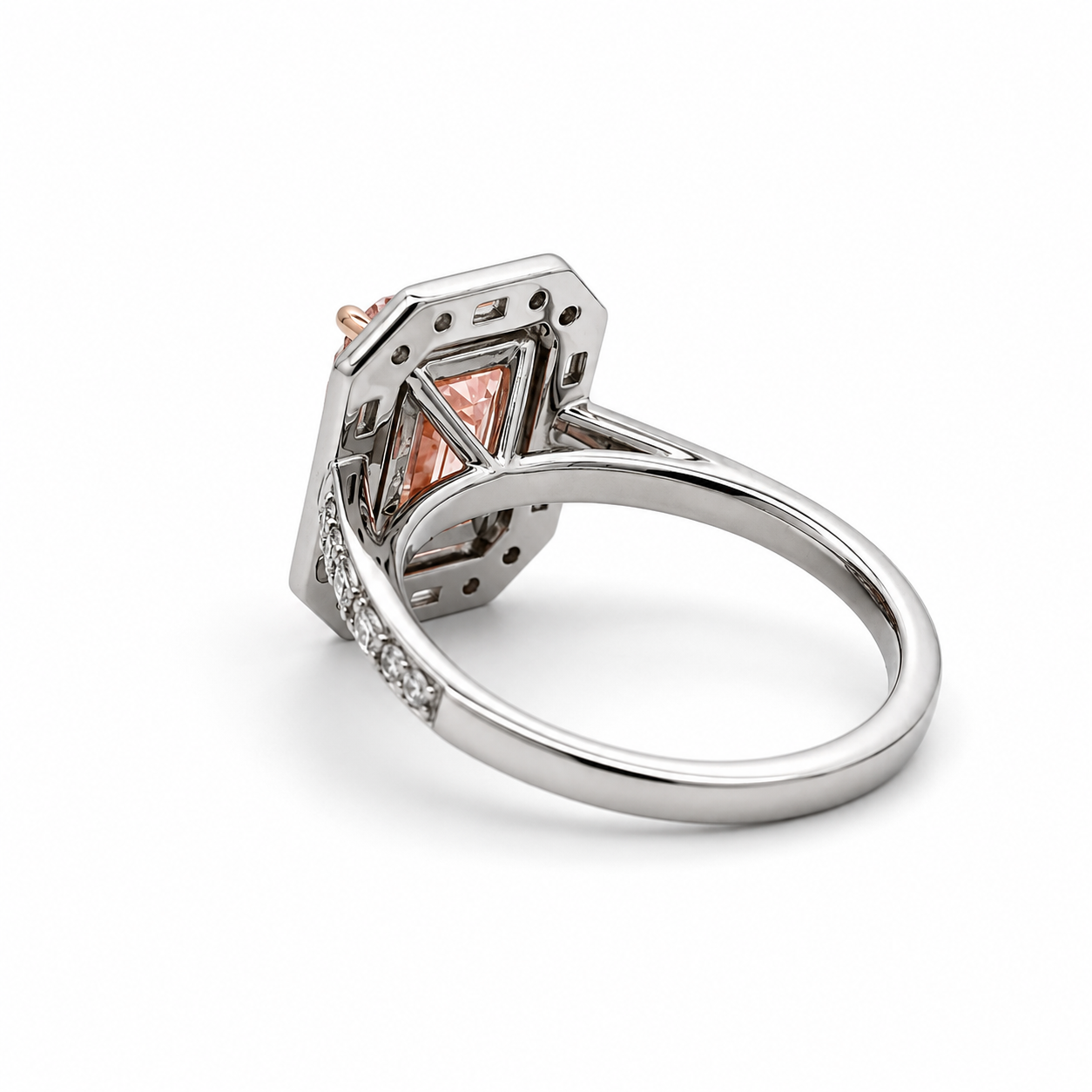14K White Gold 3.70CTW. Lab-Grown Pink Diamond Emerald-Cut Halo Accented Engagement Ring