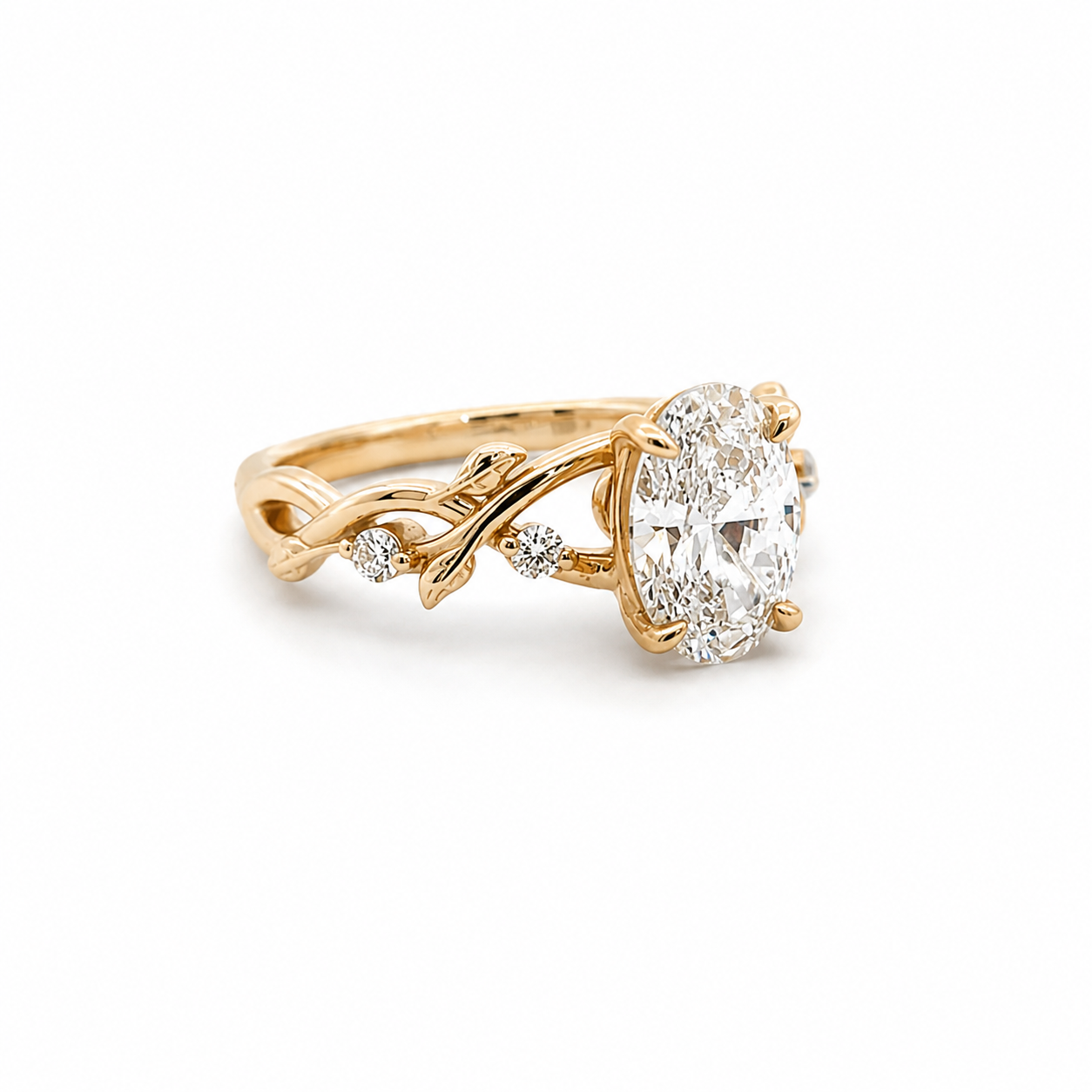 Gold ring with a large diamond on a white background