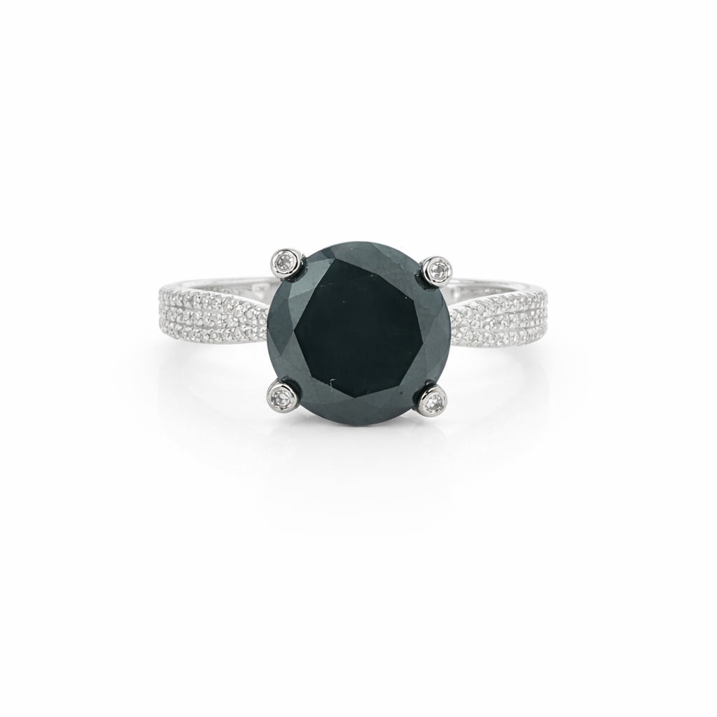 Estate Collection: 10K White Gold Round 4CT. Black Diamond and 0.3CTW. White Diamond Accented Solitaire Ring