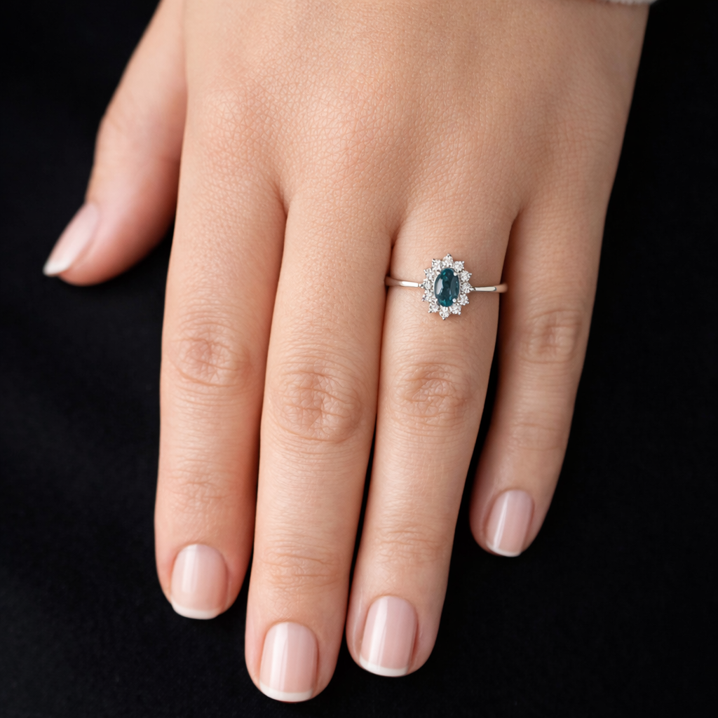 10K White Gold 1/2CT. London Blue Topaz & Radiant-Set 1/50CT. Diamond Halo Ring