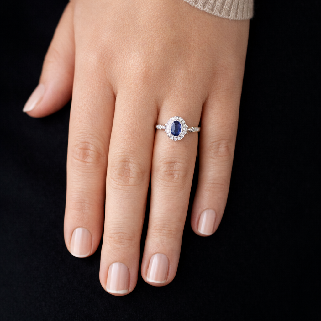 14K White Gold 5/8CT. Oval-Cut Sapphire & 1/6CT. Diamond Accented Vintage-Inspired Ring