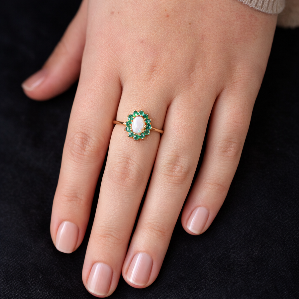 Ring with a green gemstone on a finger against a black background