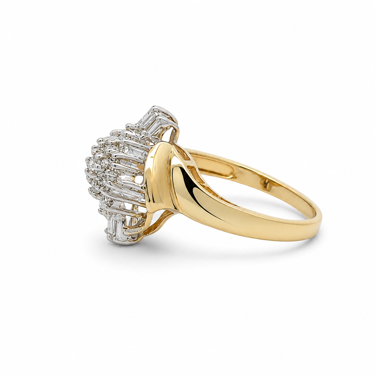 Gold ring with diamond accents on a white background