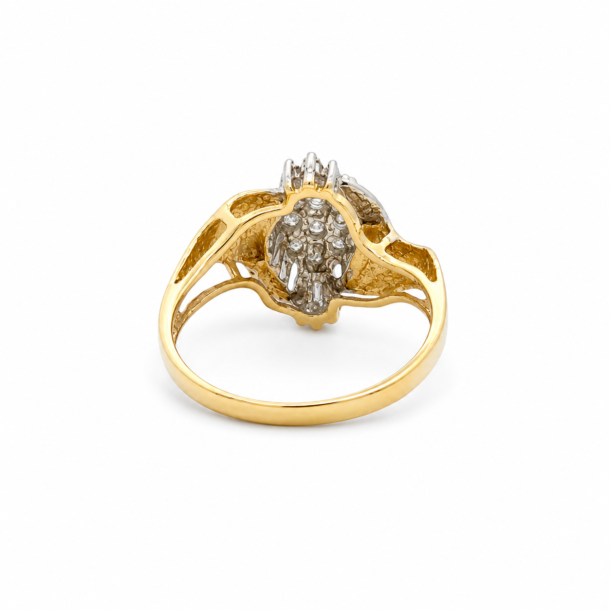 Gold ring with a diamond cluster on a white background