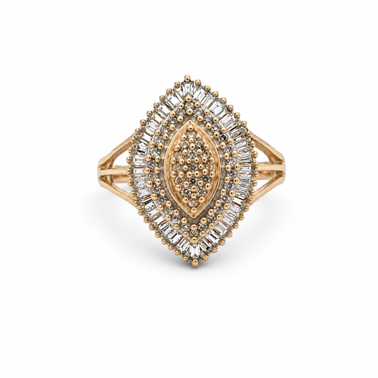 Gold and diamond ring on a white background