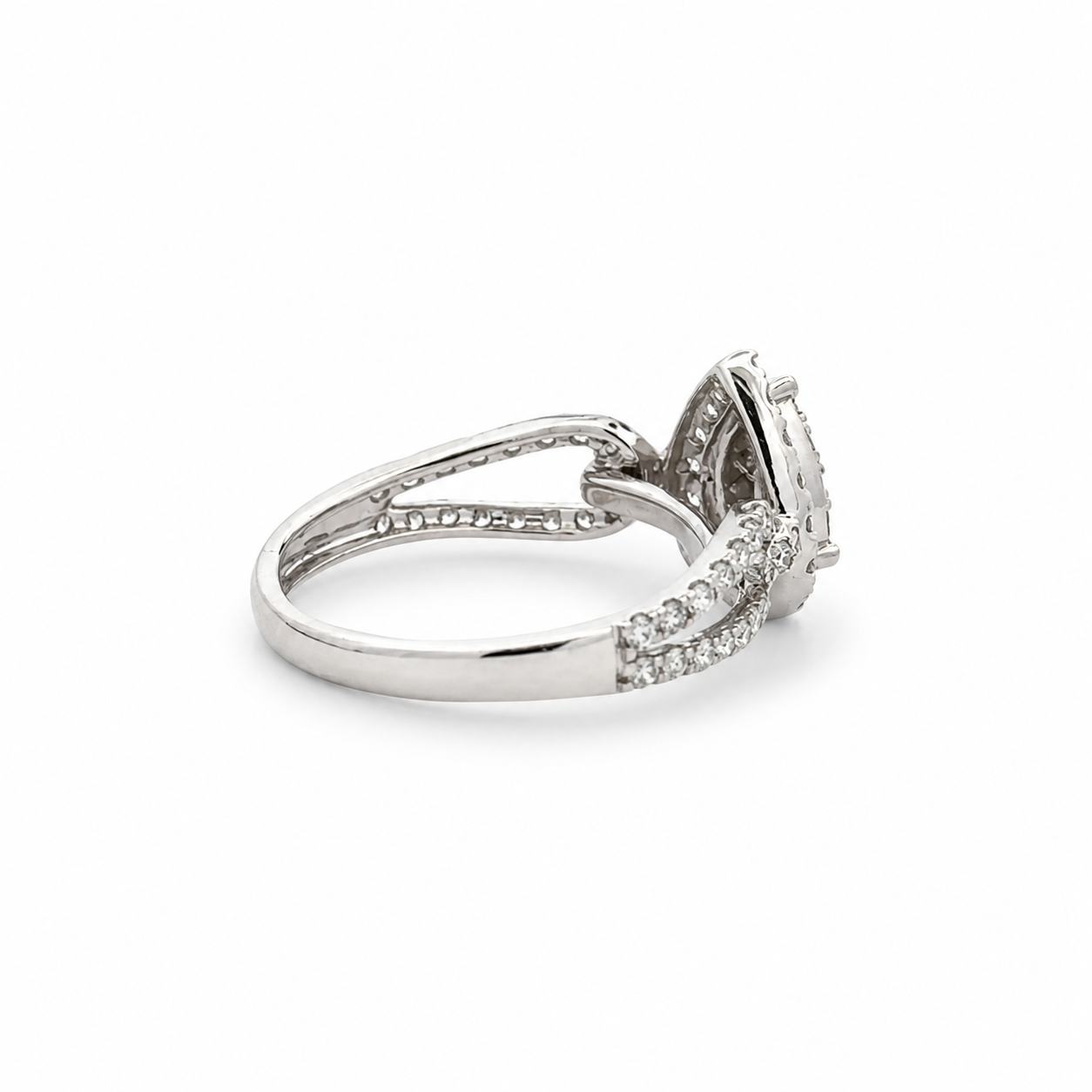 Diamond ring with a white gemstone on a white background
