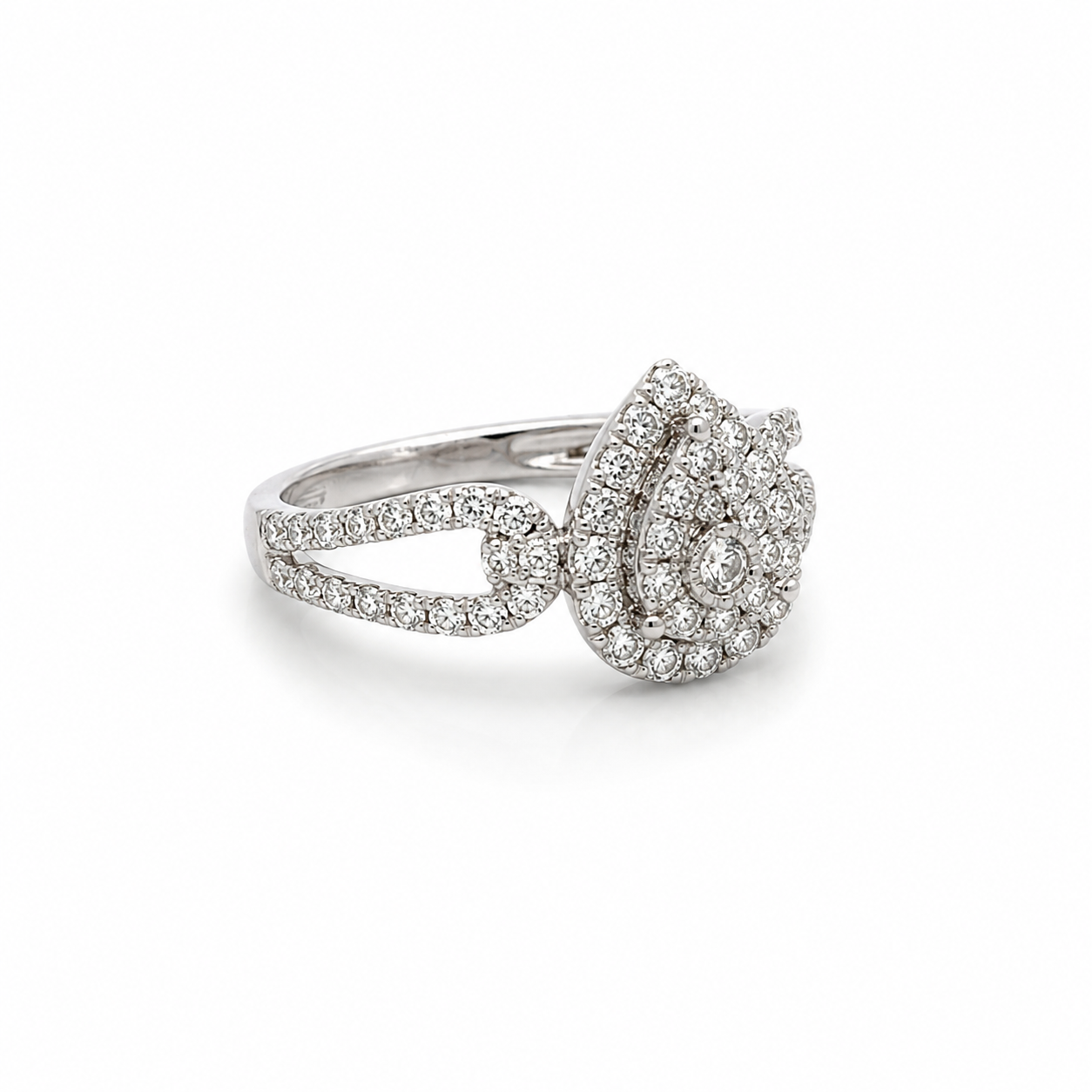 Diamond ring with a unique design on a white background