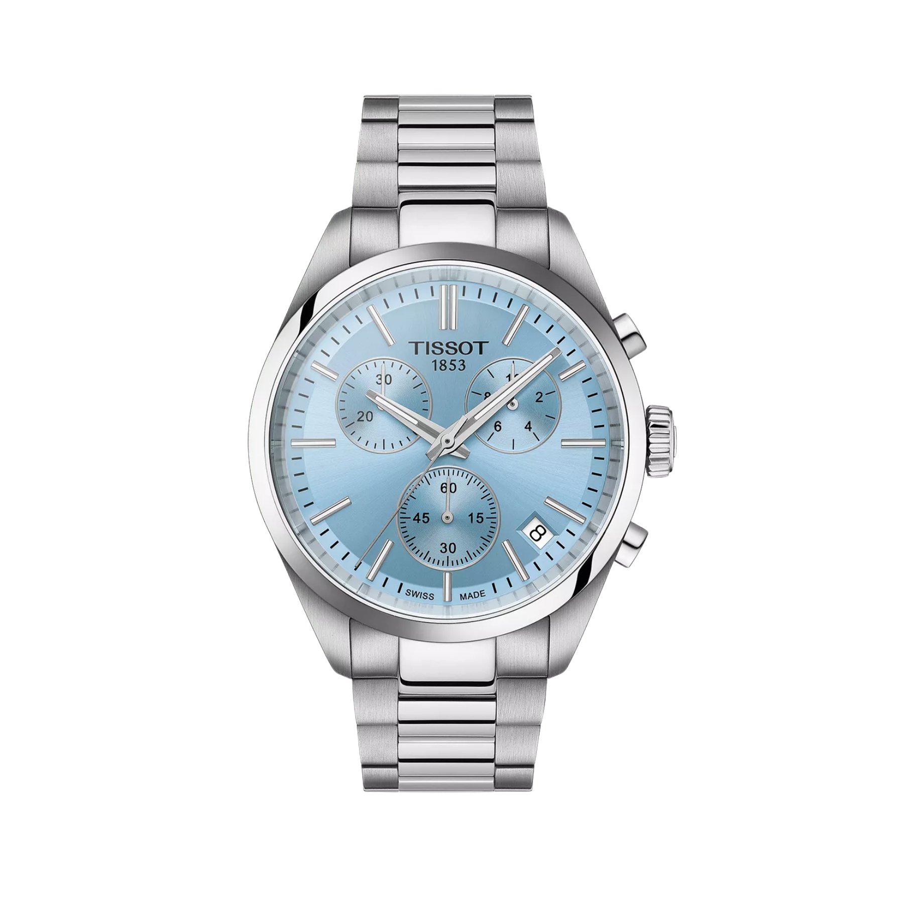 Silver Tissot watch with a light blue face on a white background