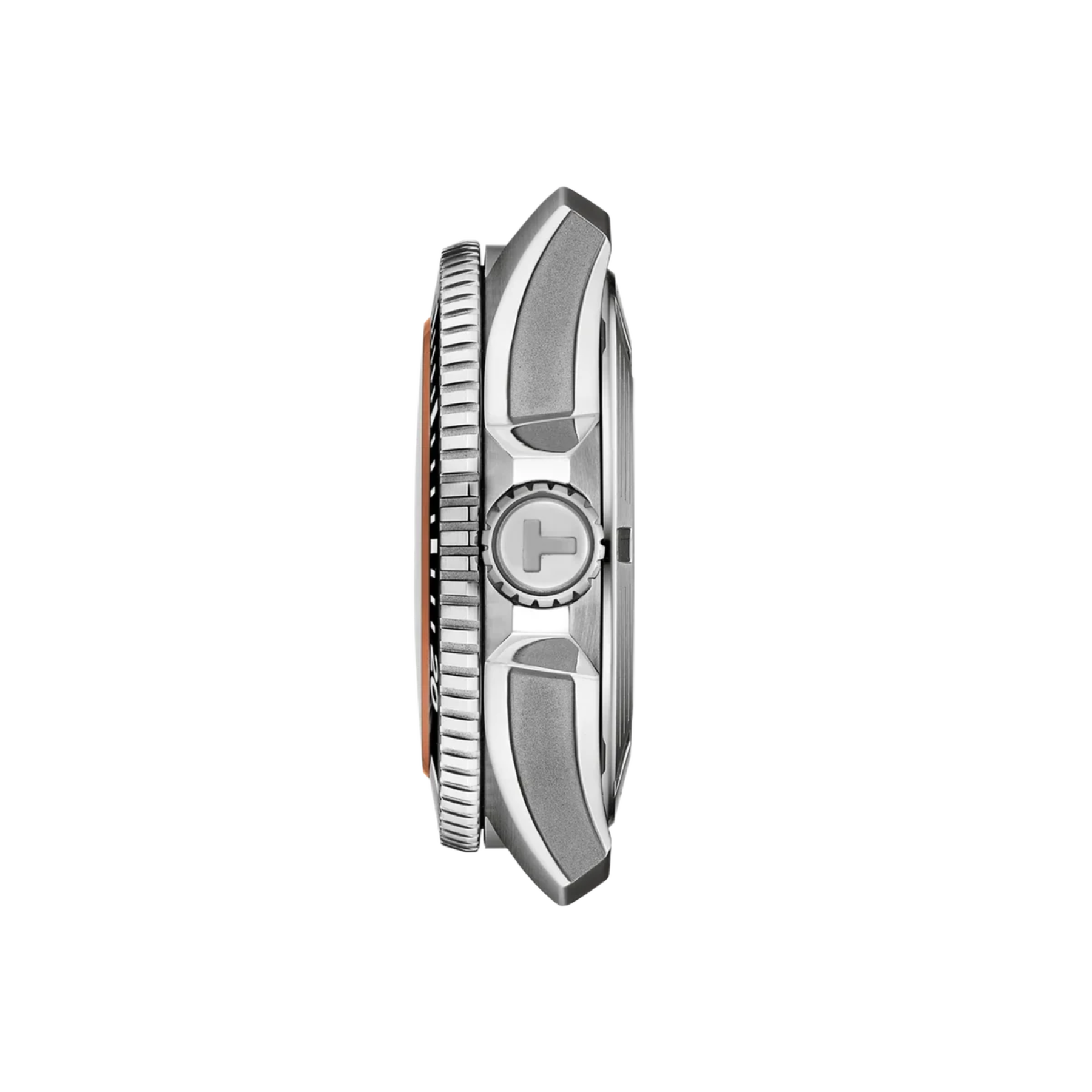 A side profile view of a Tissot watch with a silver-toned case, featuring a textured bezel, a central crown guard with a Tissot cross logo, and a warm rose gold inner bezel ring, set against a plain white background.