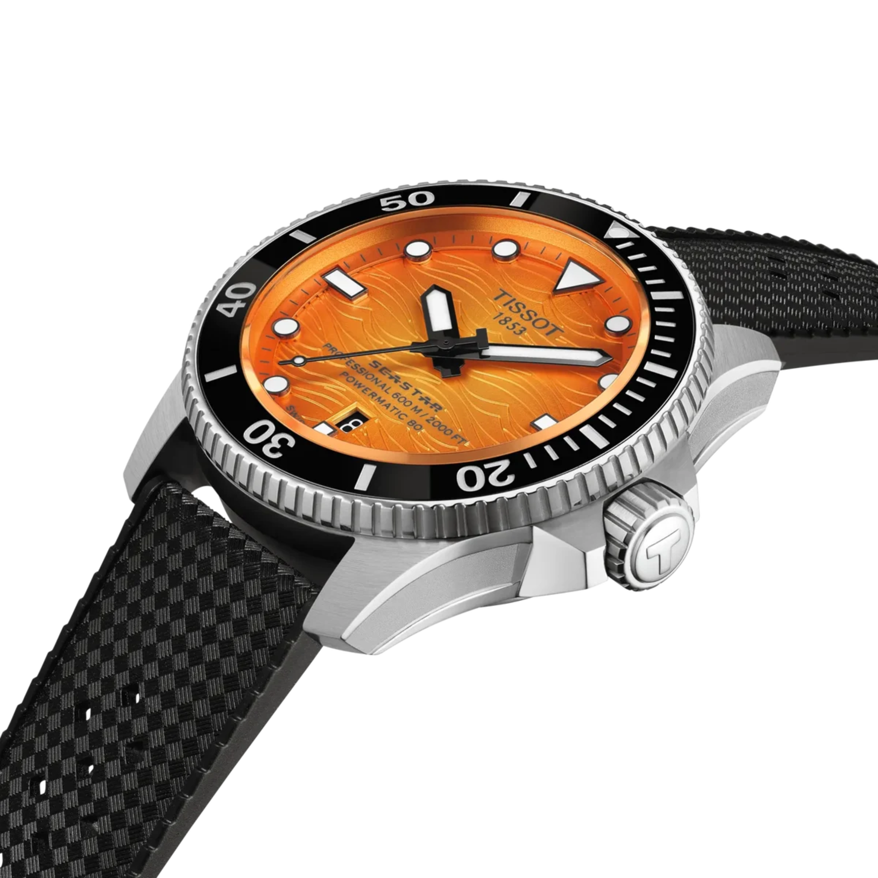 Tissot watch with orange dial and black mesh strap on a white background