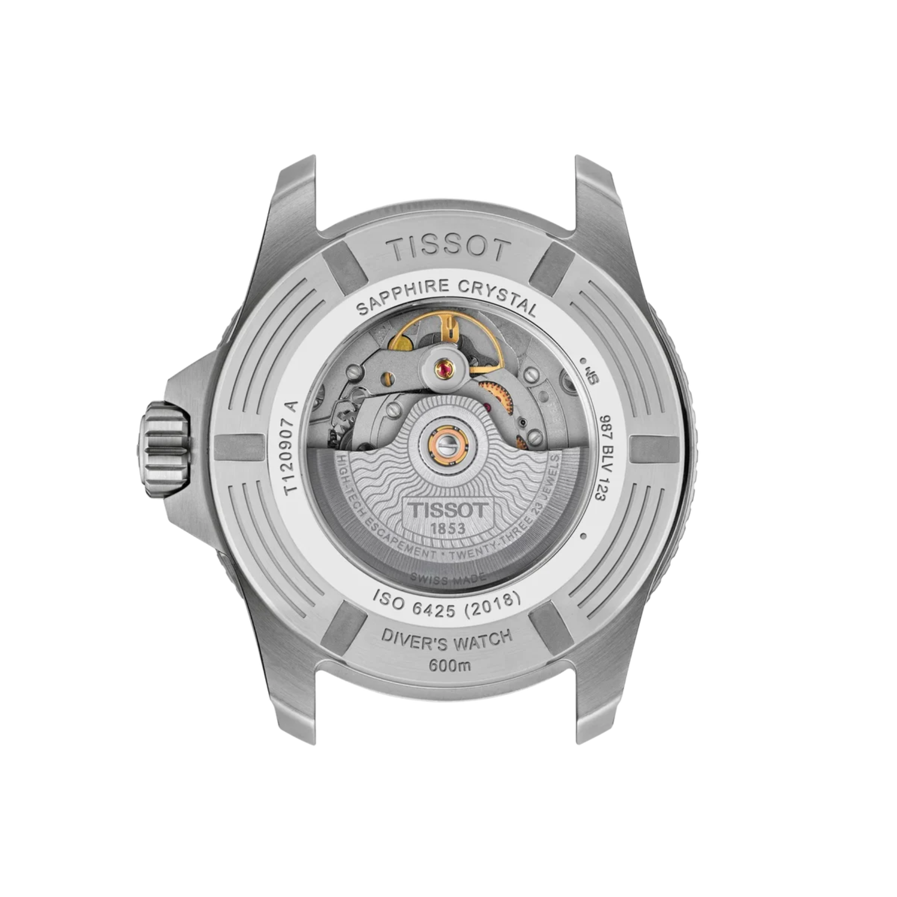 The back of a Tissot Diver's Watch, showing the open case with a transparent Sapphire Crystal and the visible mechanical movement inside.