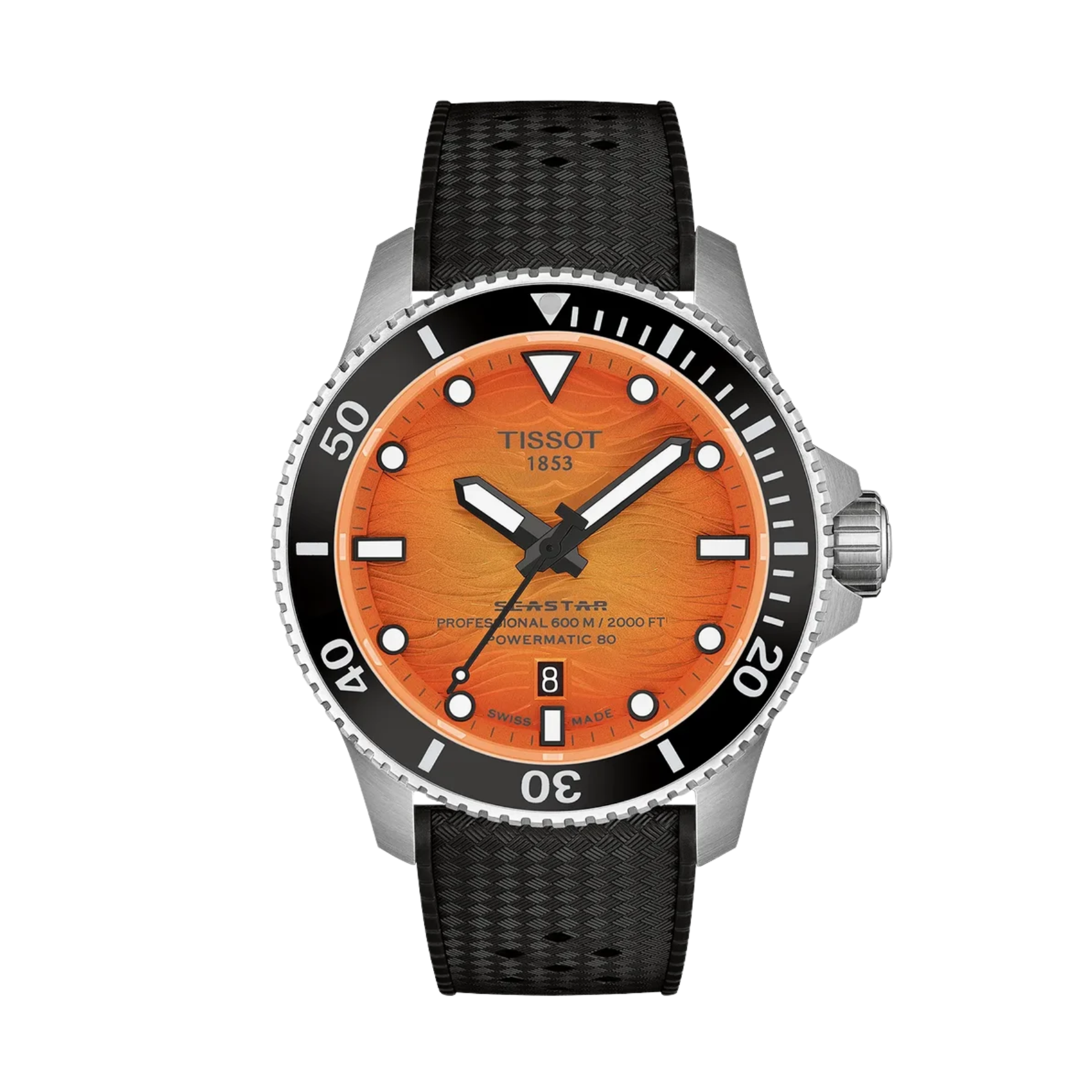 Tissot Seastar watch with a vibrant orange sunburst dial, a black rotating bezel, and a textured black rubber strap, shown against a plain white background.