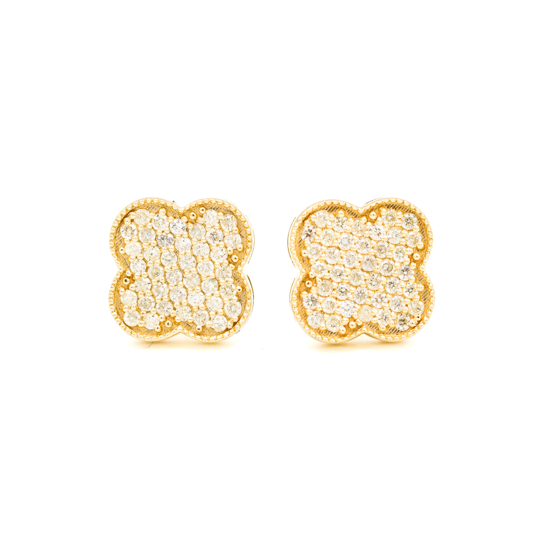 Front View of 14K Yellow Gold 5/8CT. Diamond Clover Stud Earrings on white background.