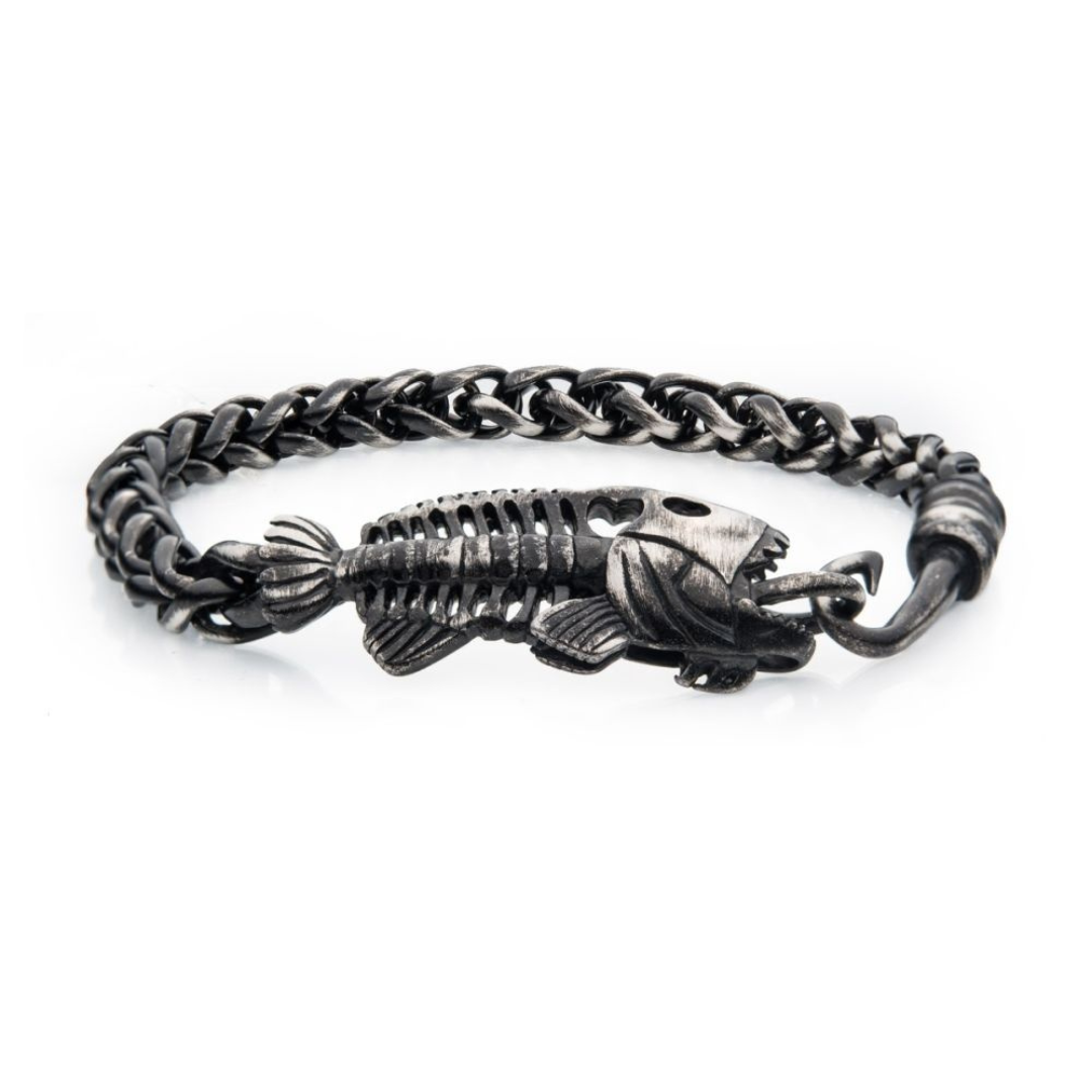 INOX Gun Metal IP Wheat Chain with Fishbone on Hook Clasp Bracelet