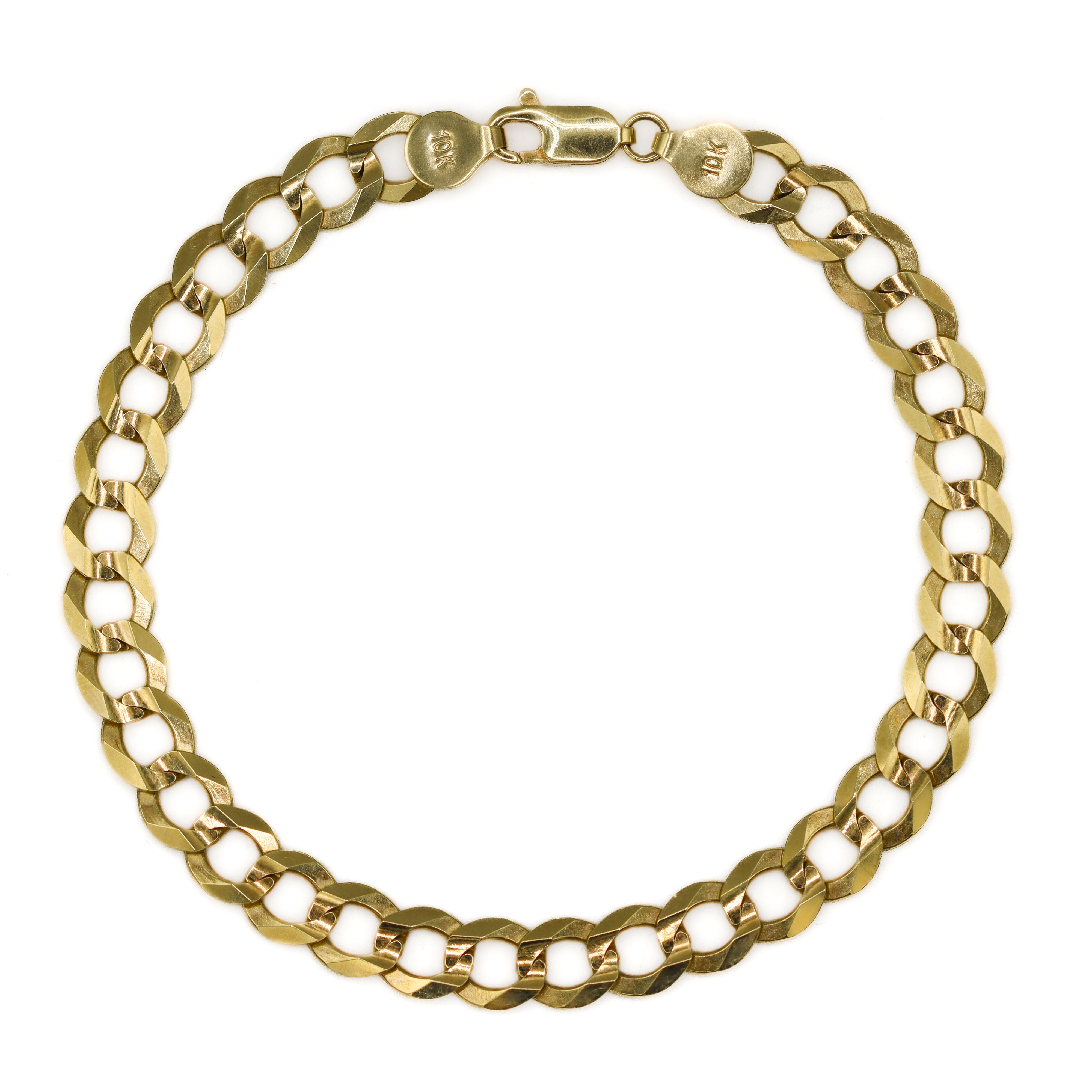10K Yellow Gold Curb Link Bracelet, clasped, round, laying flat on a white background.