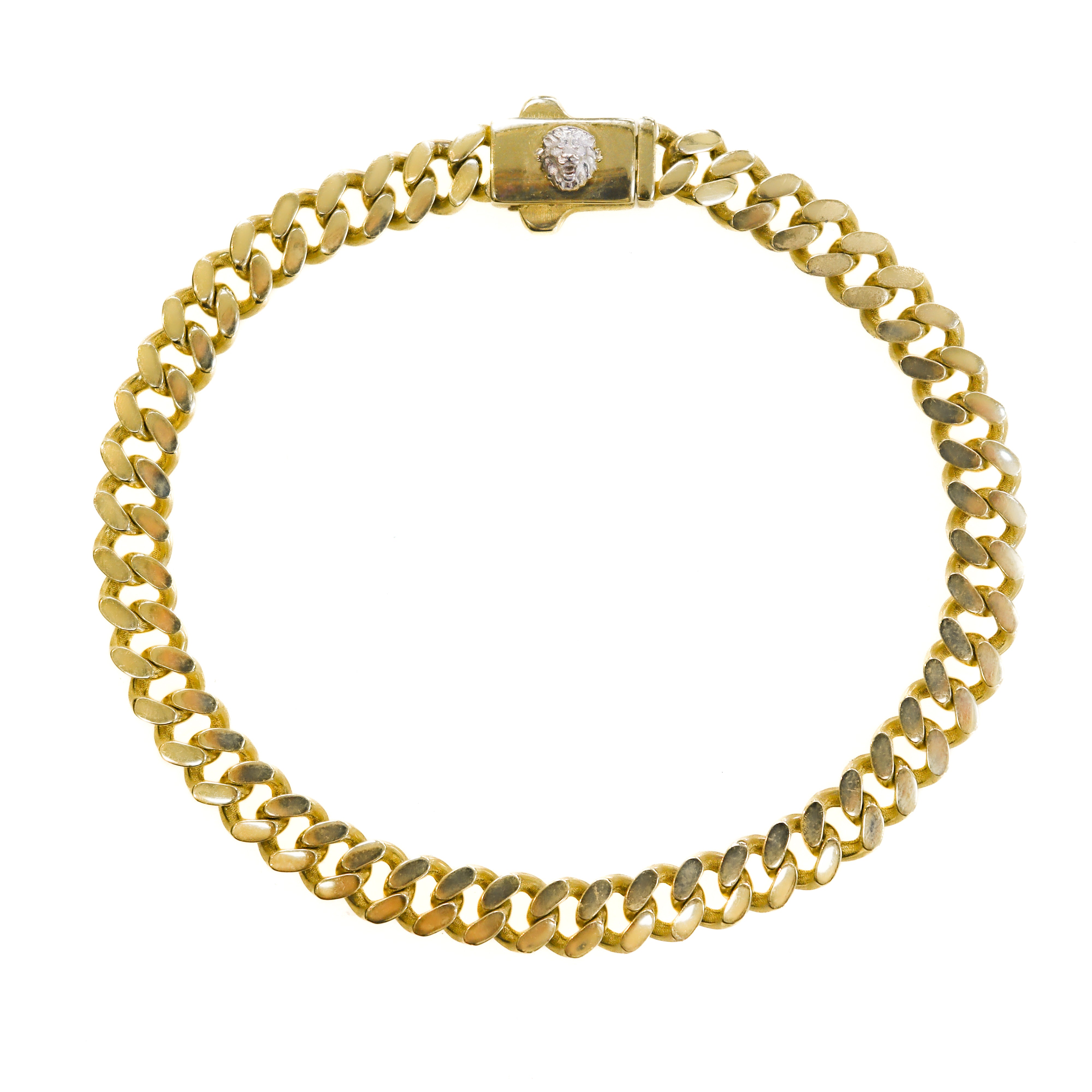 Clasped, round, laying flat view of 10K Yellow Gold Hollow 7MM Curb-Link  8-3/4" Men's Bracelet with Lion's Head Clasp on a white background.