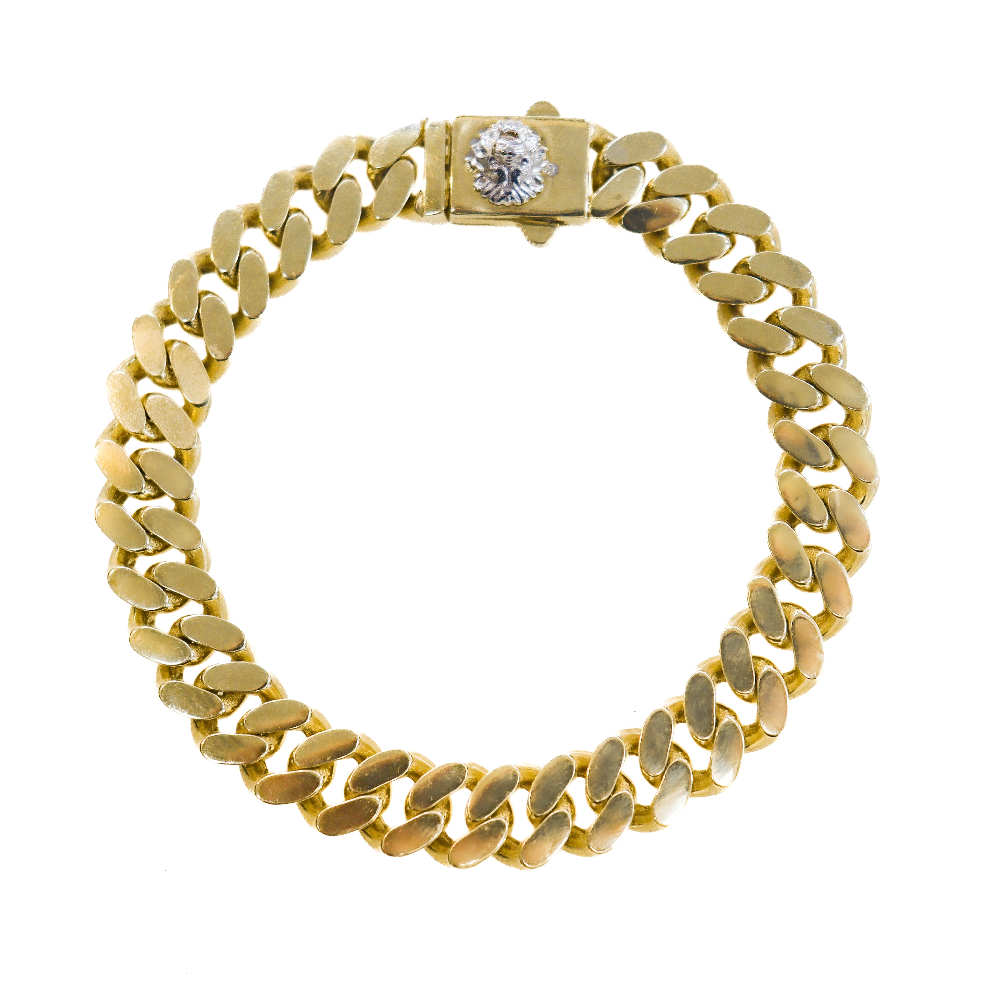 Clasped, round, laying flat view of 10K Yellow Gold Hollow 11MM Curb-Link  8-3/4" Men's Bracelet with Lion's Head Clasp on white background.