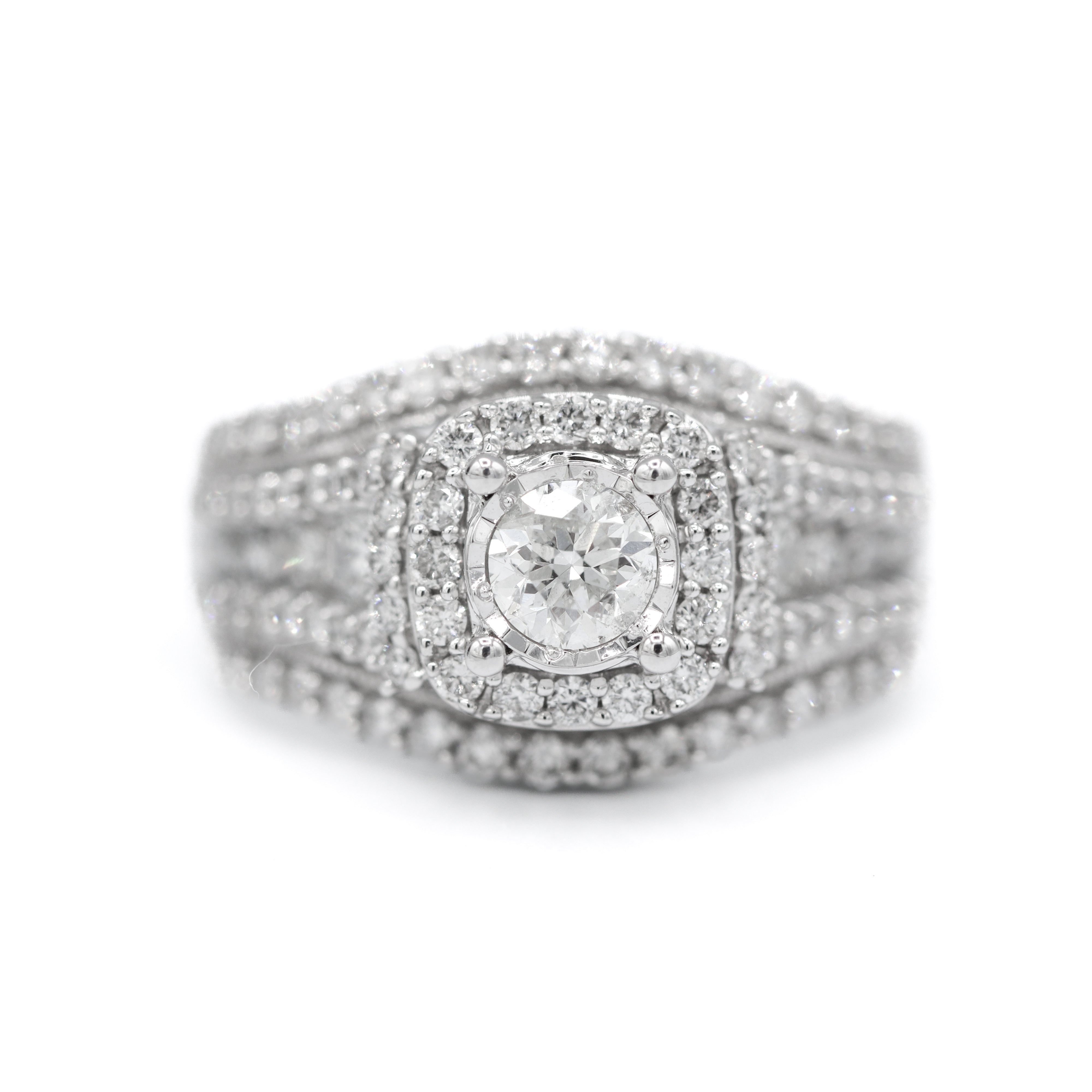 Front View of 14K White Gold 1-1/2CTW. Diamond Halo Triple Band Engagement Ring