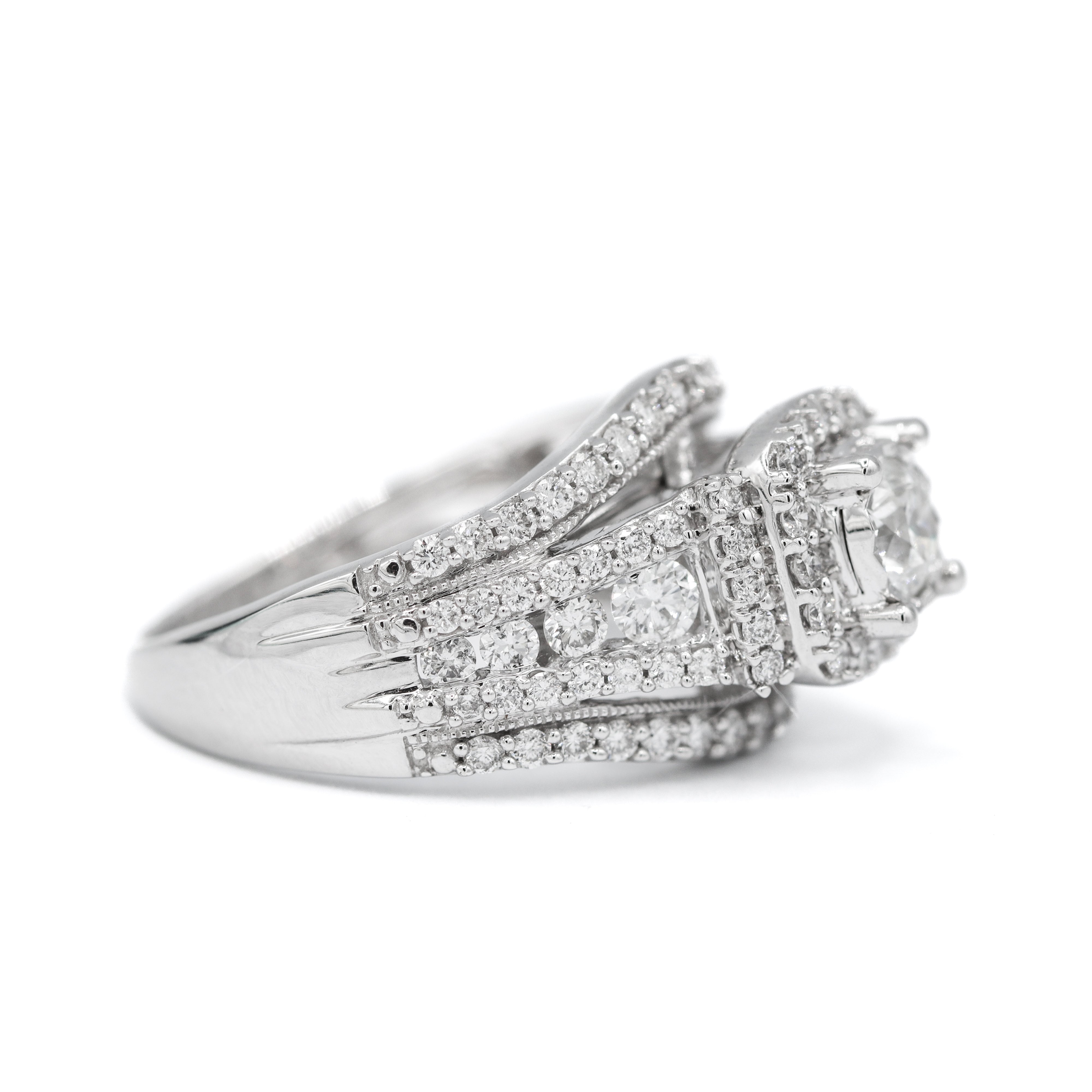 Left Side View of 14K White Gold 1-1/2CTW. Diamond Halo Triple Band Engagement Ring