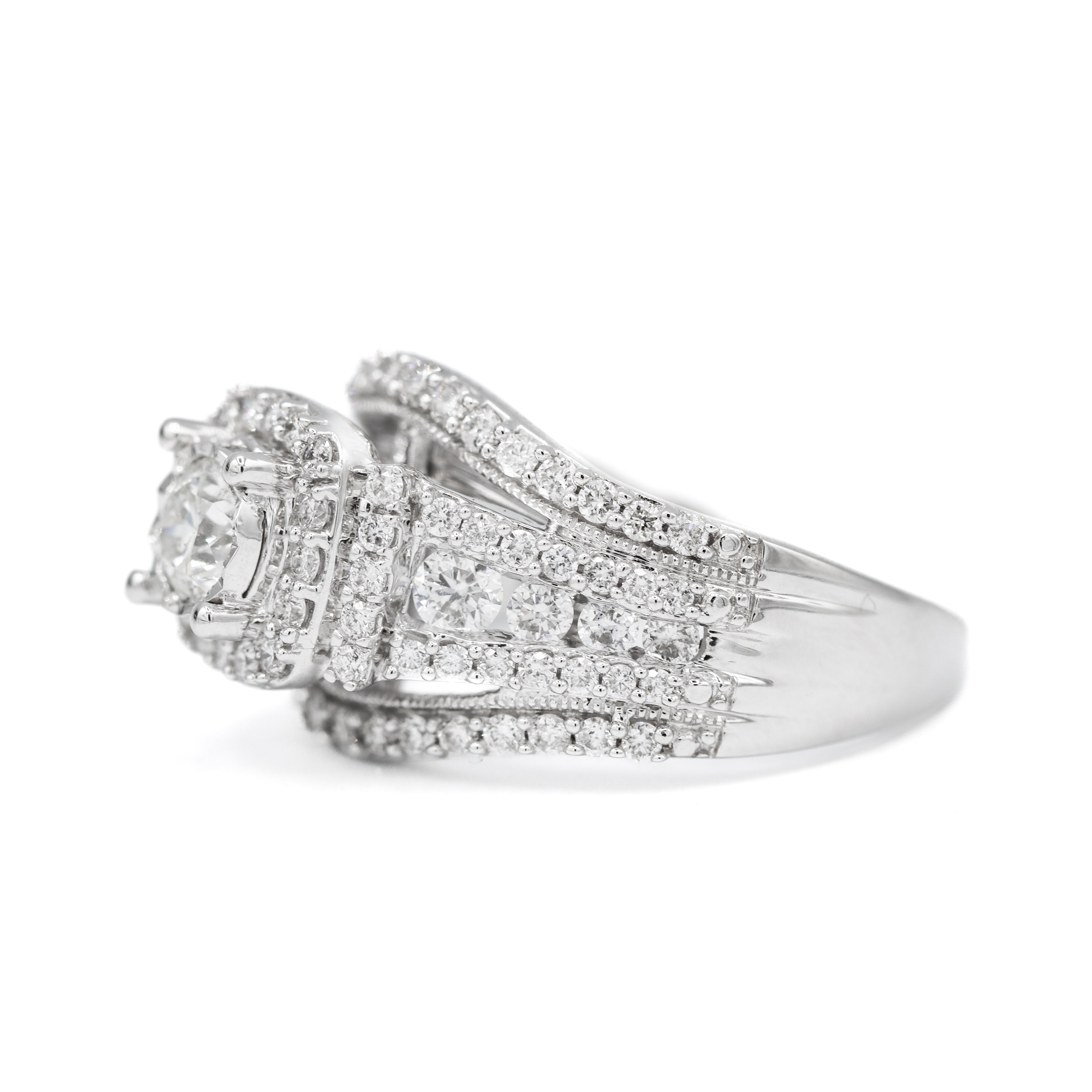 Right Side View of 14K White Gold 1-1/2CTW. Diamond Halo Triple Band Engagement Ring