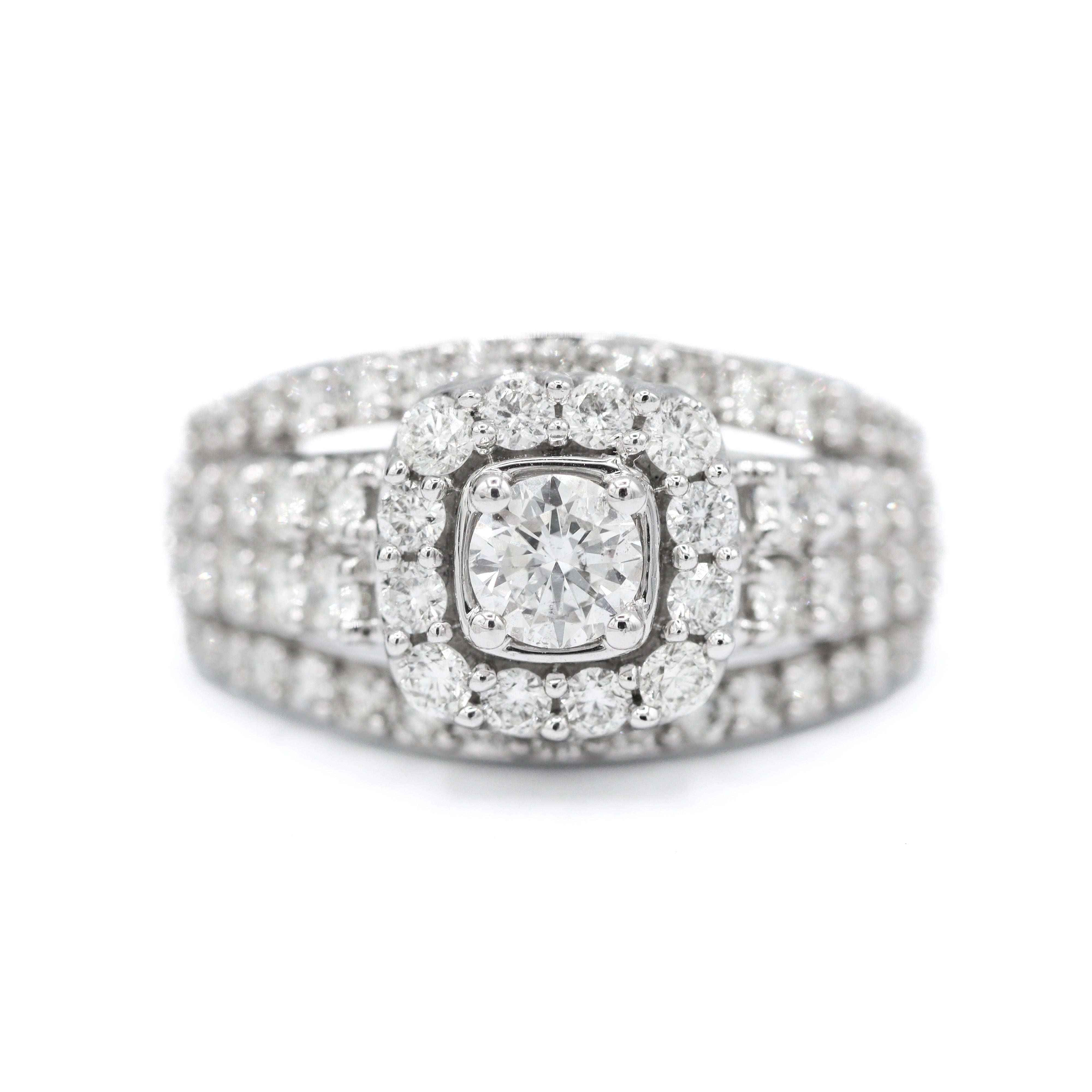 Front View of 14K White Gold 2CTW. Triple Band Diamond Engagement Ring