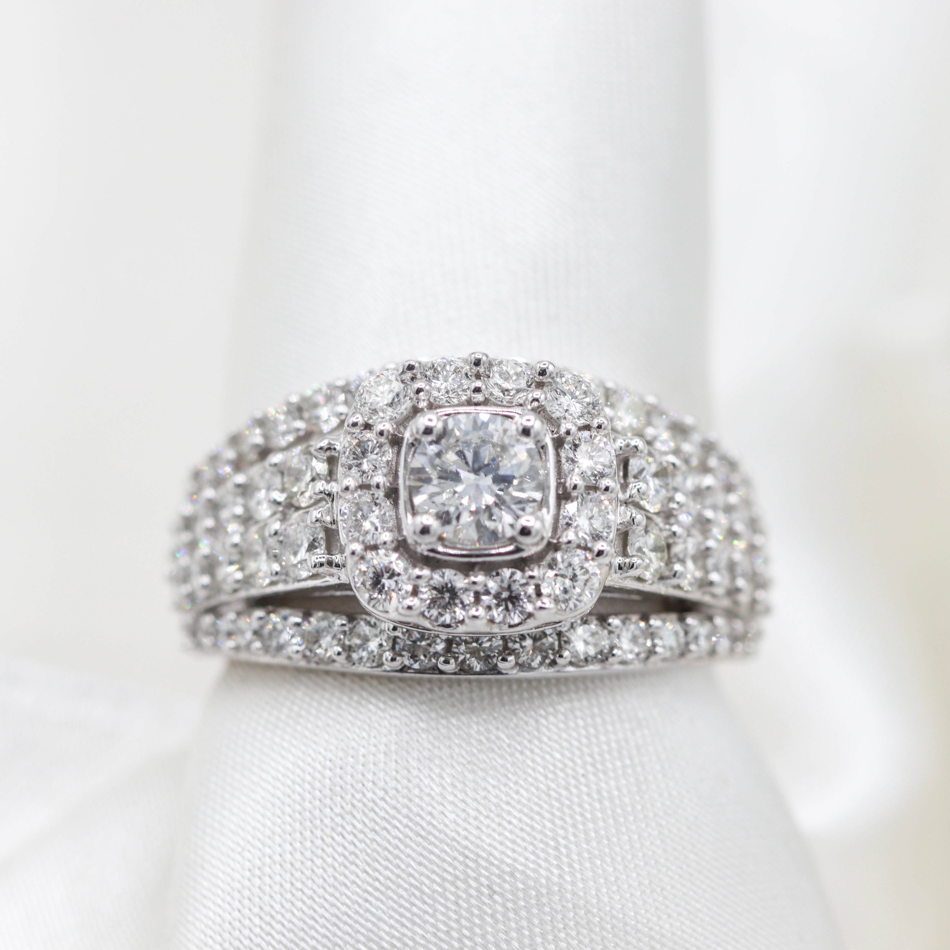 View of 14K White Gold 2CTW. Triple Band Diamond Engagement Ring on satin