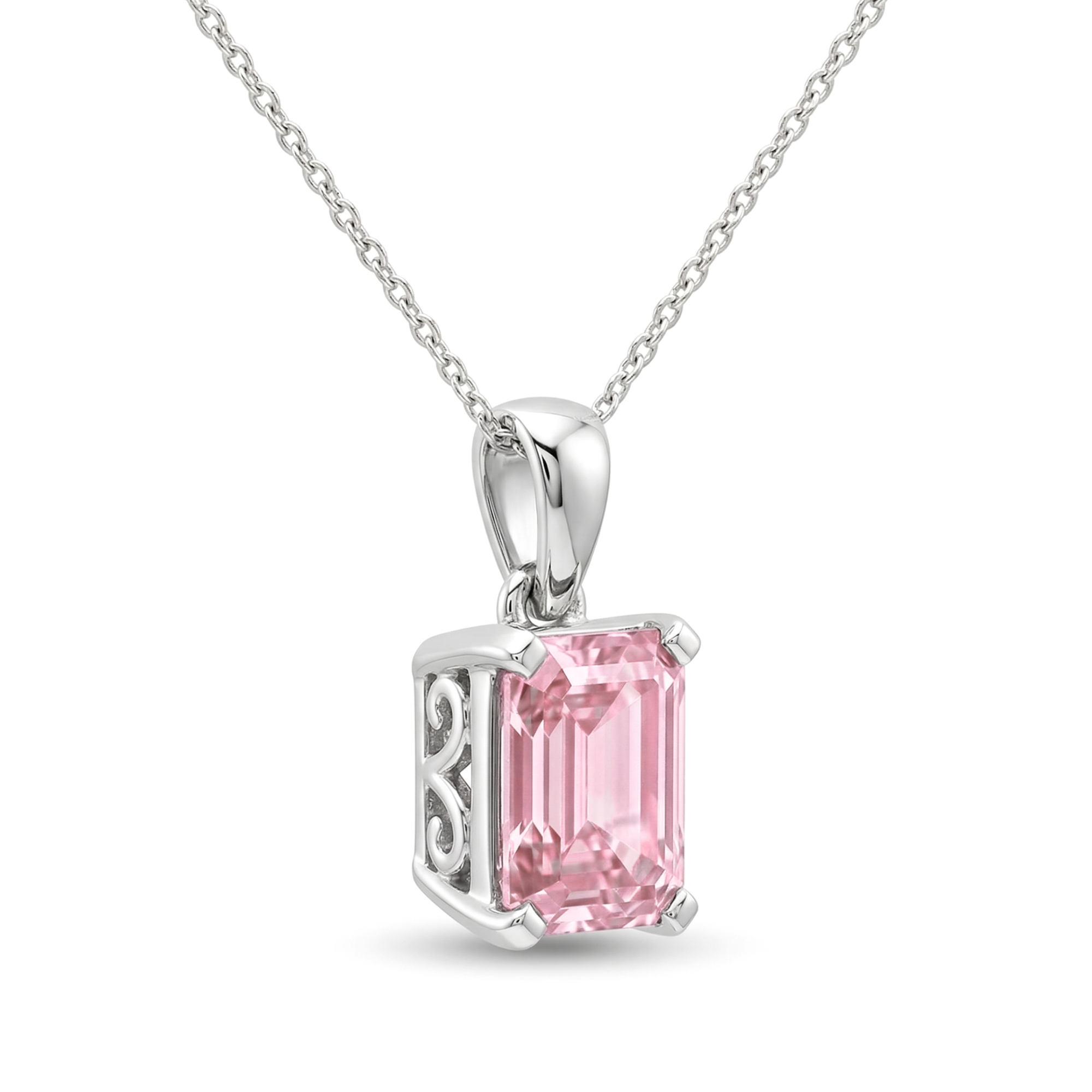 14K White Gold Certified 1.01CT. Emerald-Cut Pink Lab-Grown Diamond Pendant Necklace