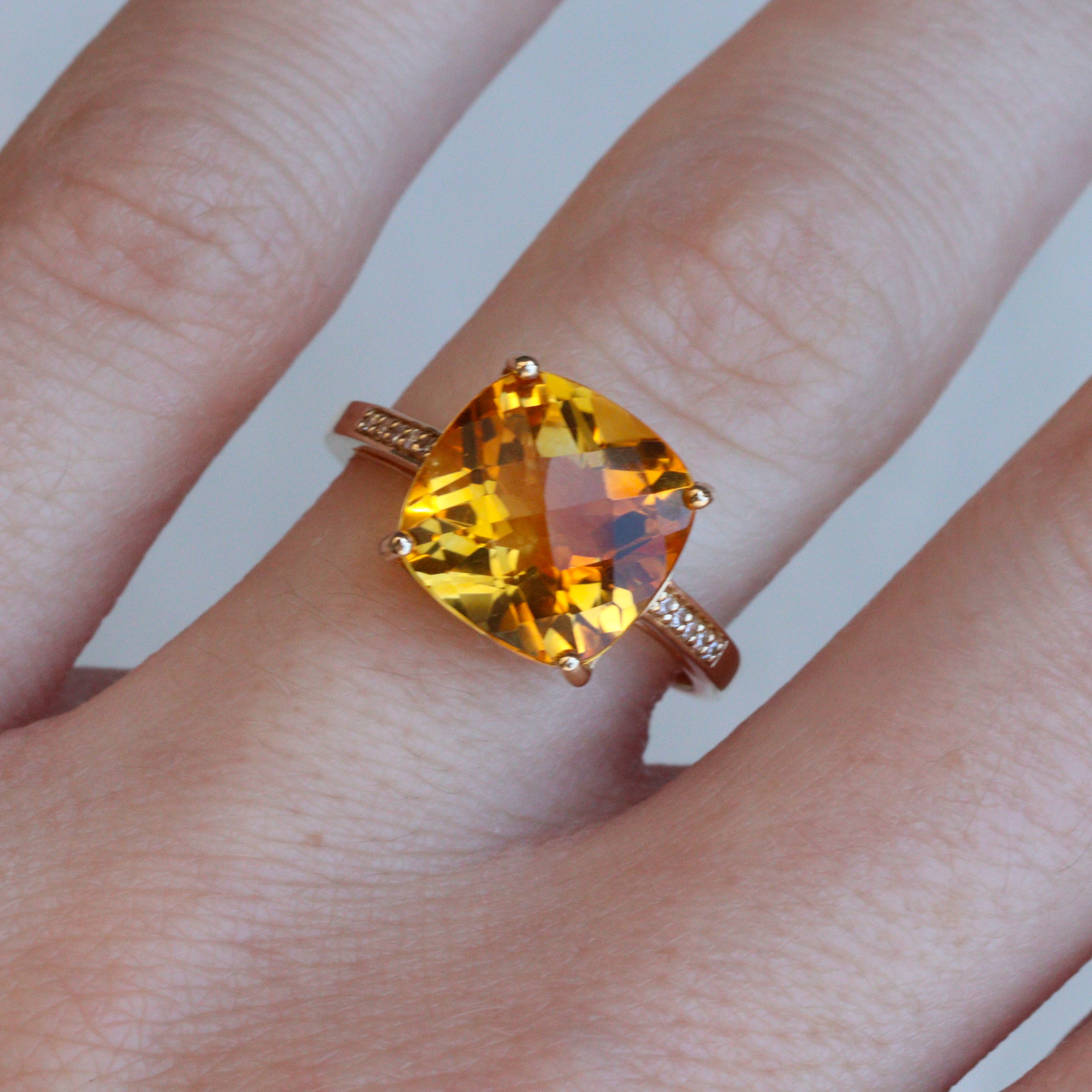 EFFY 14K Yellow Gold 5.15CT. Citrine and 0.04CTW. Diamond Cushion Ring