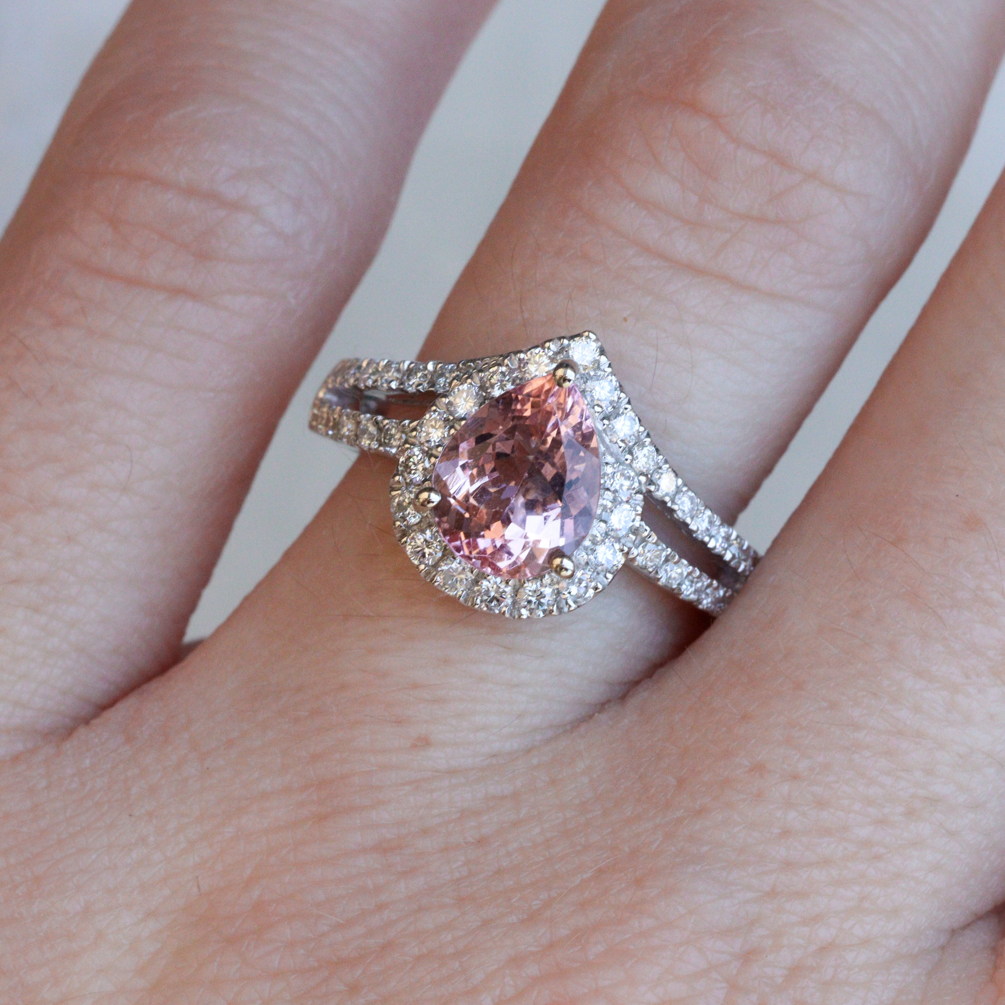 EFFY 14K White Gold 1.52CT. Pink Morganite and 0.53CTW. Diamond Pear Halo Ring