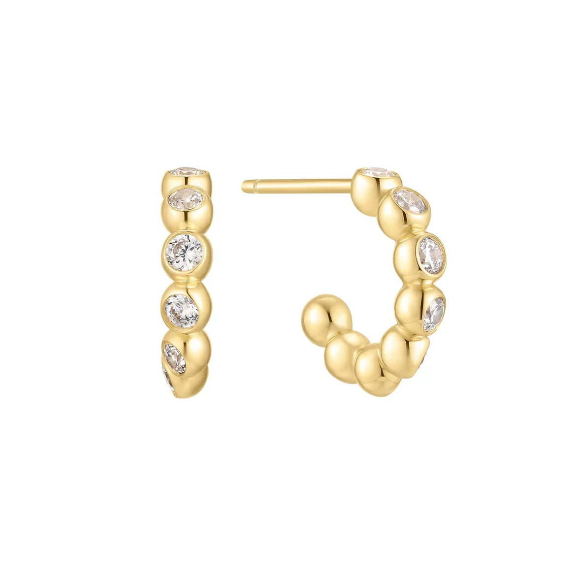 Gold hoop earrings with embedded diamonds on a white background