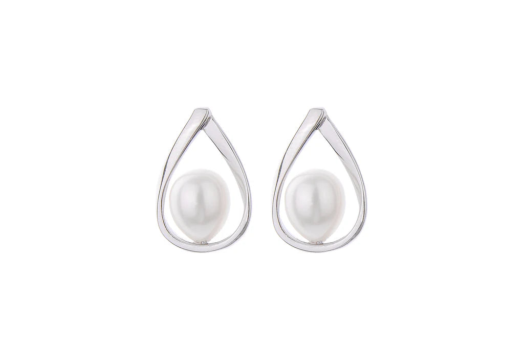 Sterling Silver Pear Shape with 7.5MM Pearl Center Stud Earrings