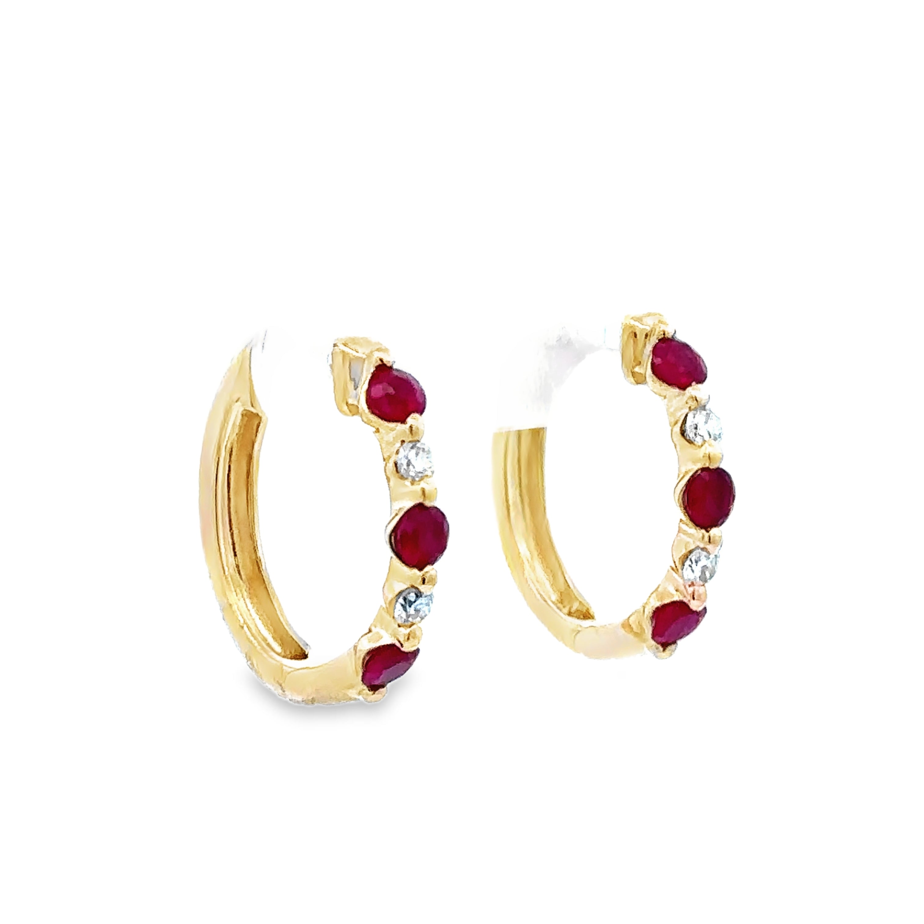 14k Yellow Gold Ruby and 1/6 CT. Diamond Huggie Earrings