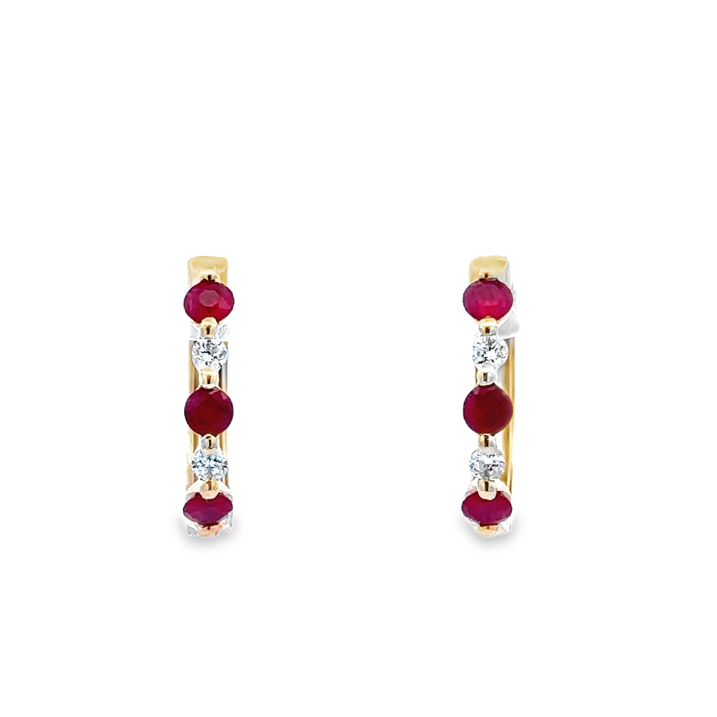 14k Yellow Gold Ruby and 1/6 CT. Diamond Huggie Earrings