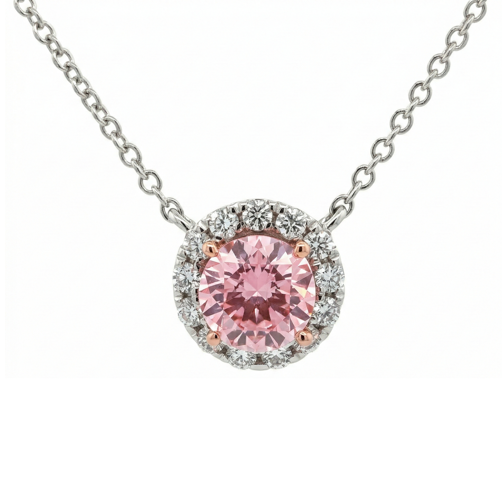 14K White Gold 0.50CT. Round Pink Lab-Grown Diamond with White Halo Certified 0.65CTW. Necklace