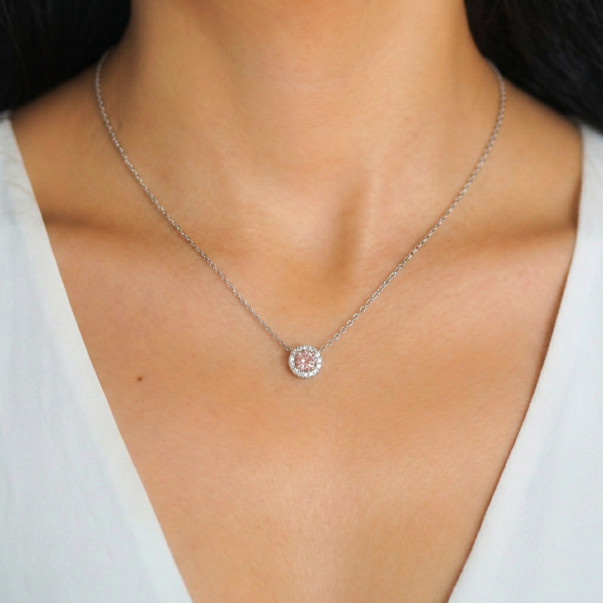 14K White Gold 0.50CT. Round Pink Lab-Grown Diamond with White Halo Certified 0.65CTW. Necklace