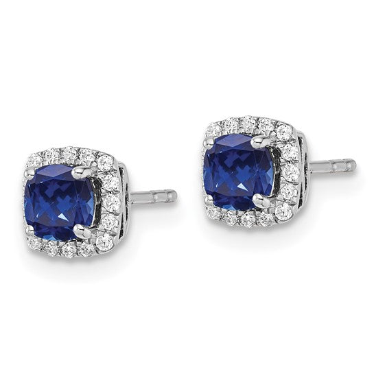 Both 10K White Gold Created Sapphire & Lab-Grown Diamond Halo Earrings angled towards the left on a white background