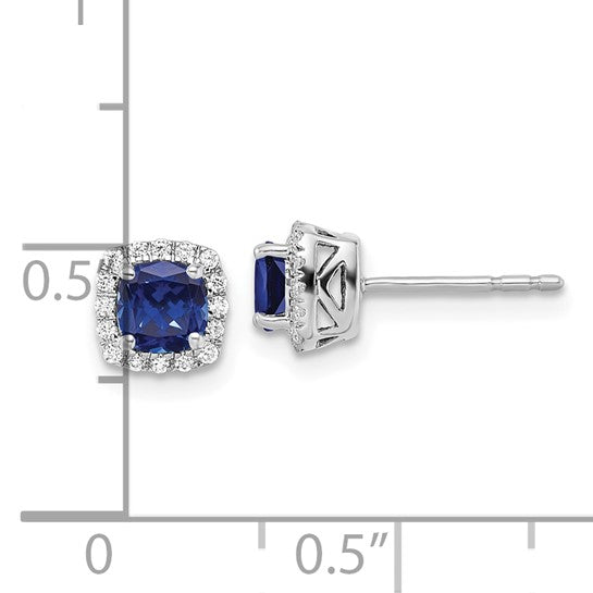 Right side view and left front-facing view of 10K White Gold Created Sapphire & Lab-Grown Diamond Halo Earrings on a white background, with a ruler to show scale.