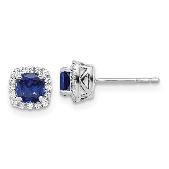 Right side view and left front-facing view of 10K White Gold Created Sapphire & Lab-Grown Diamond Halo Earrings on a white background.