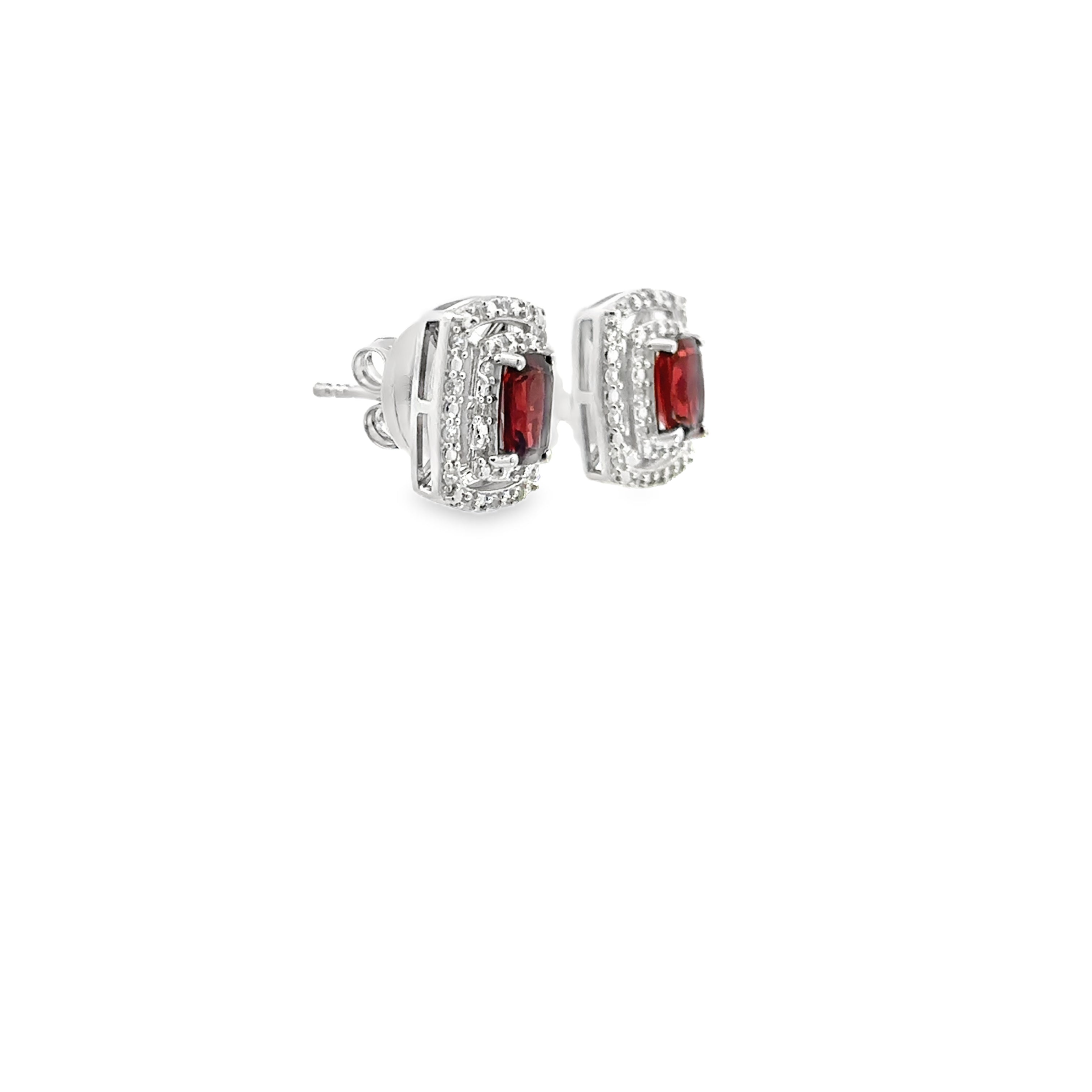 Sterling Silver Garnet and White Zircon Double Halo Stud Earrings