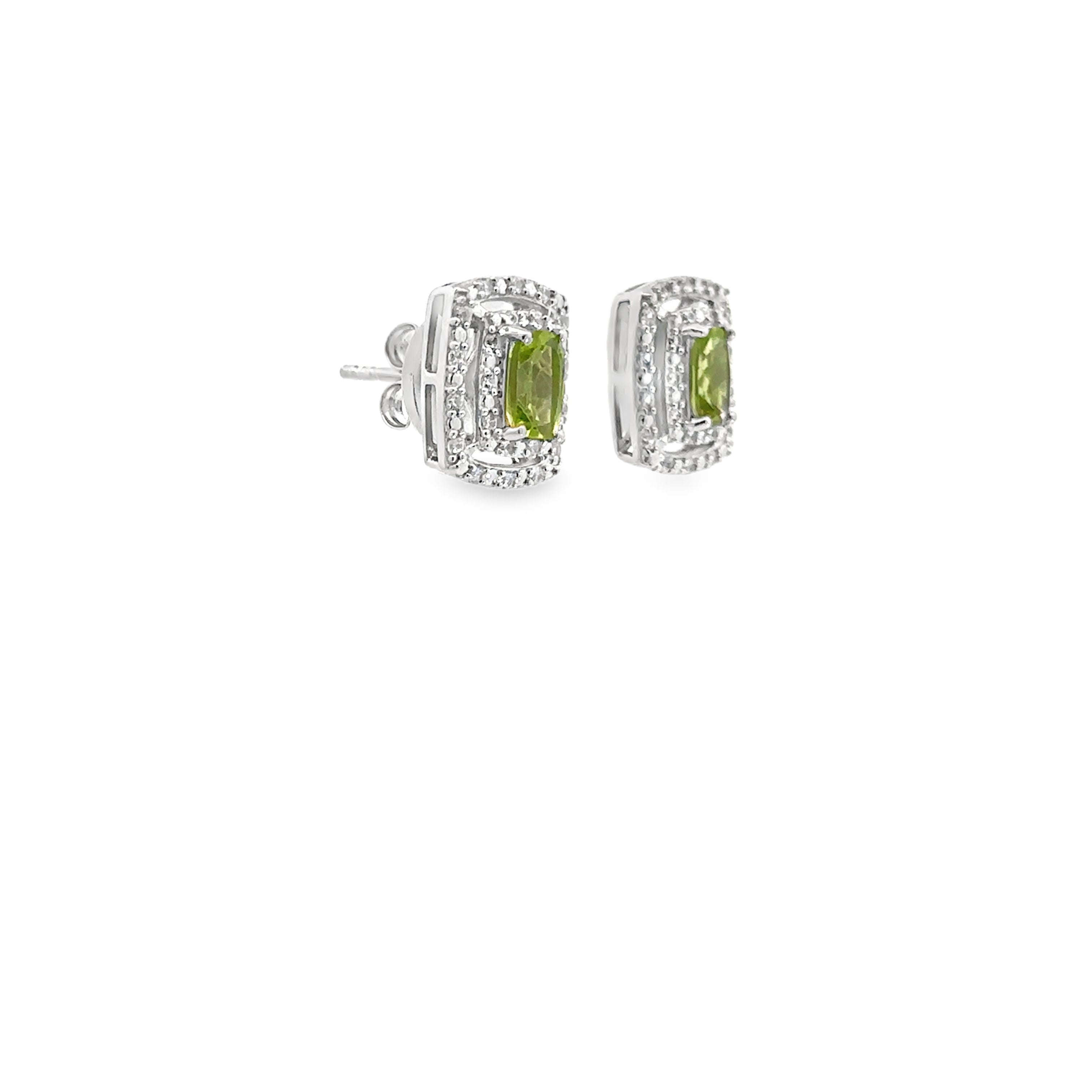 Sterling Silver Peridot and White Zircon Double Halo Stud Earrings