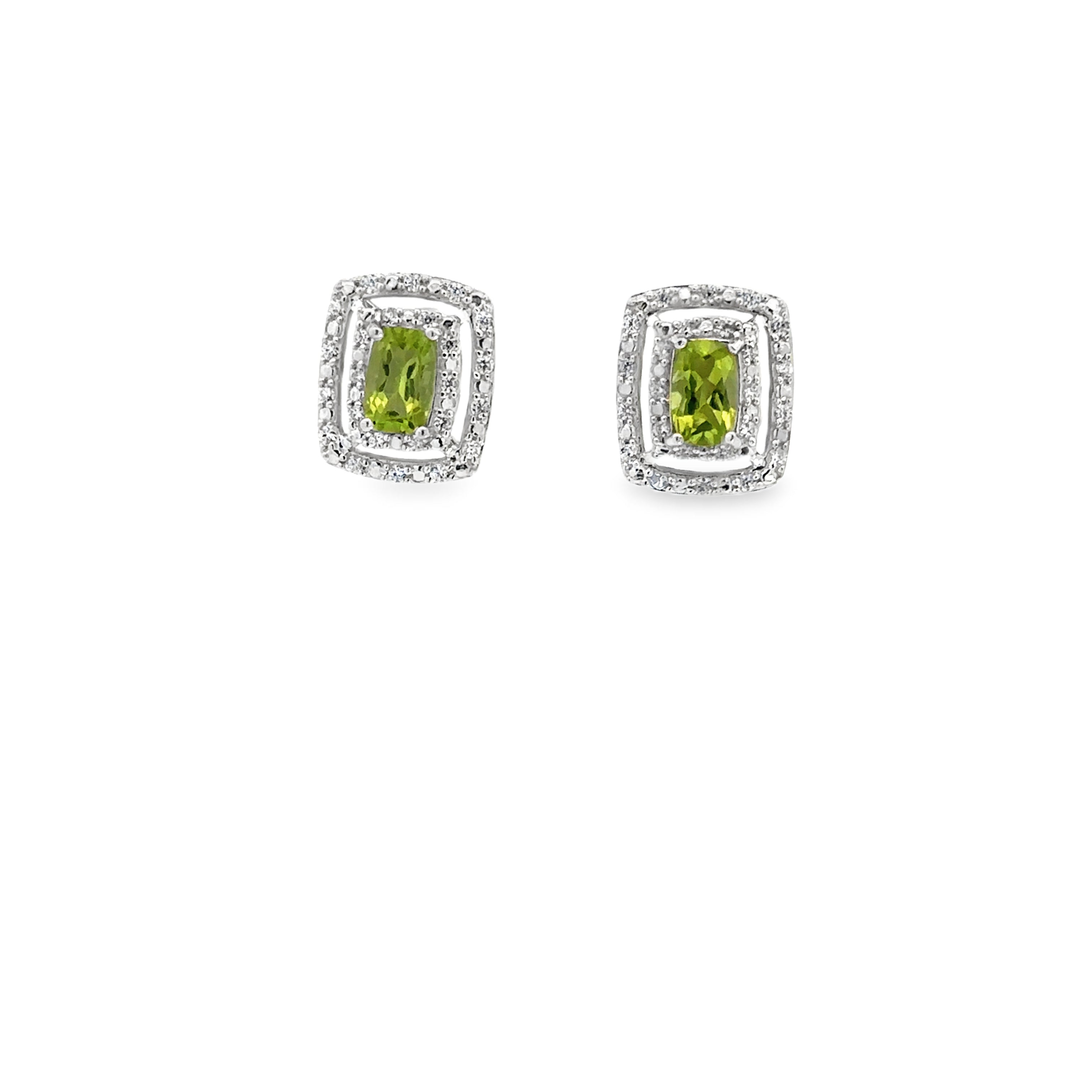 Sterling Silver Peridot and White Zircon Double Halo Stud Earrings